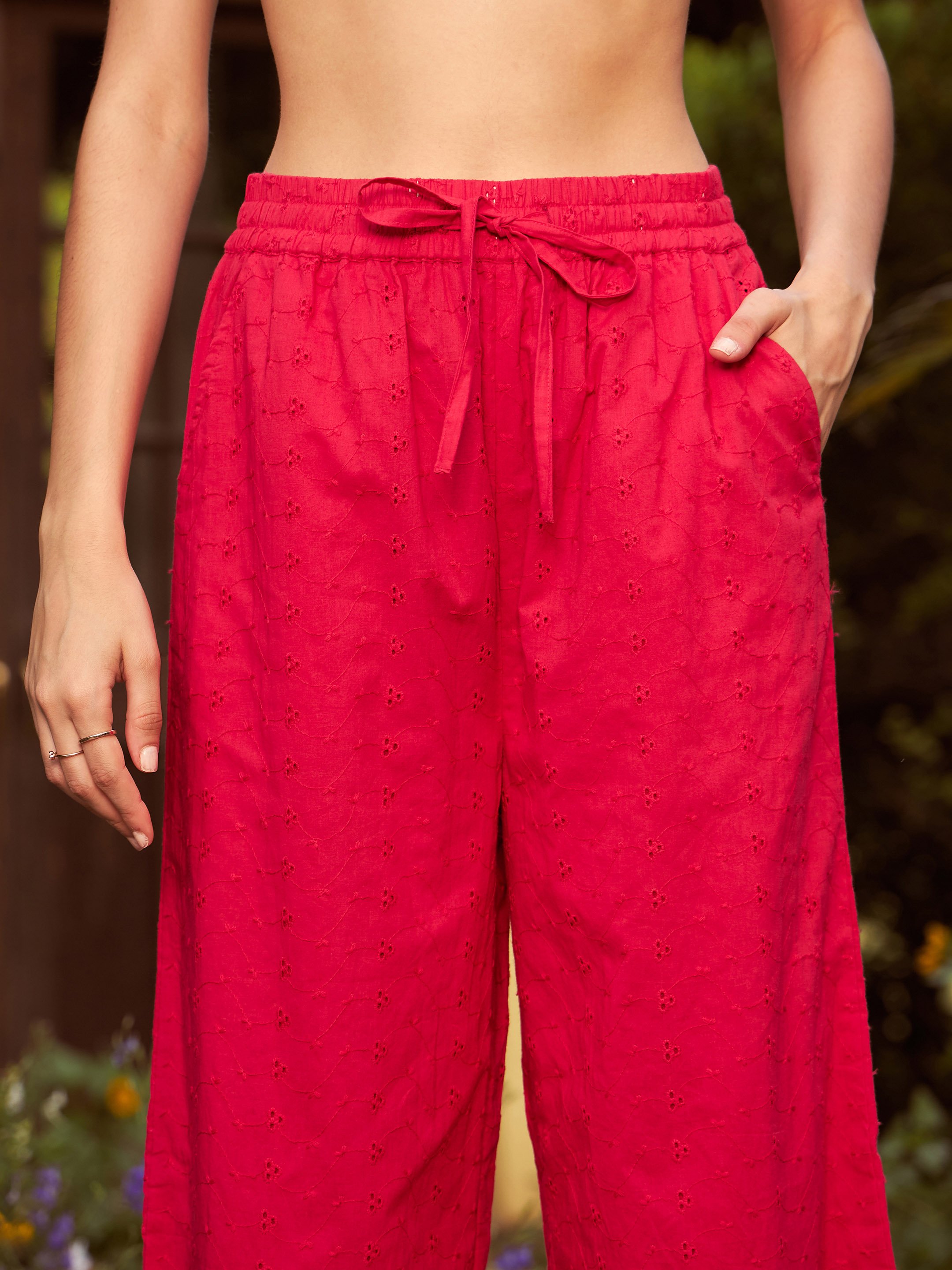 Red Schiffli Shirt and Wide-Leg Trousers Set