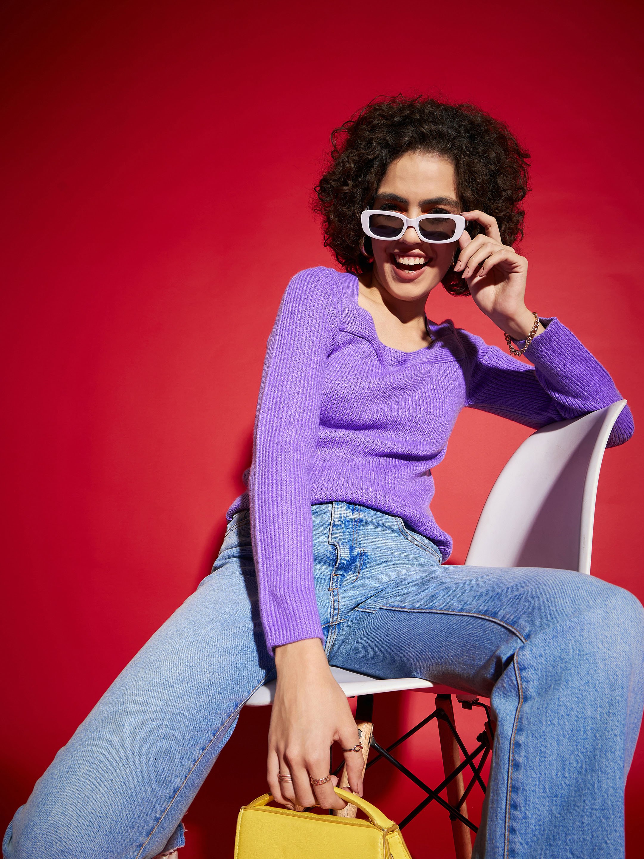 Purple Ribbed Square Neck Jumper