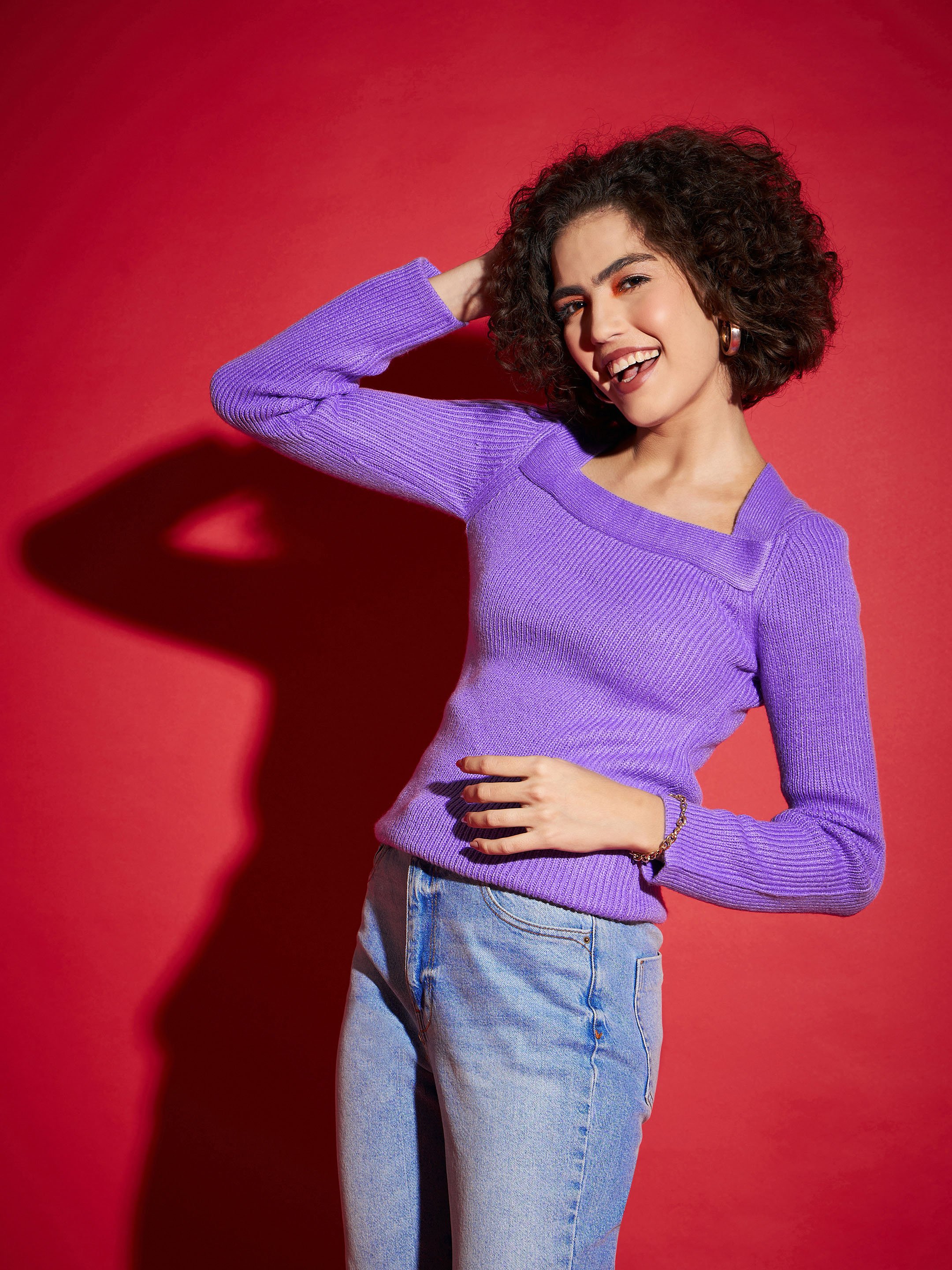 Purple Ribbed Square Neck Jumper