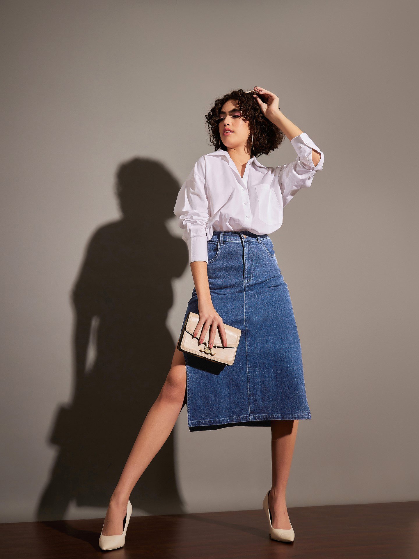 Blue Denim Pencil Skirt with Side Slit