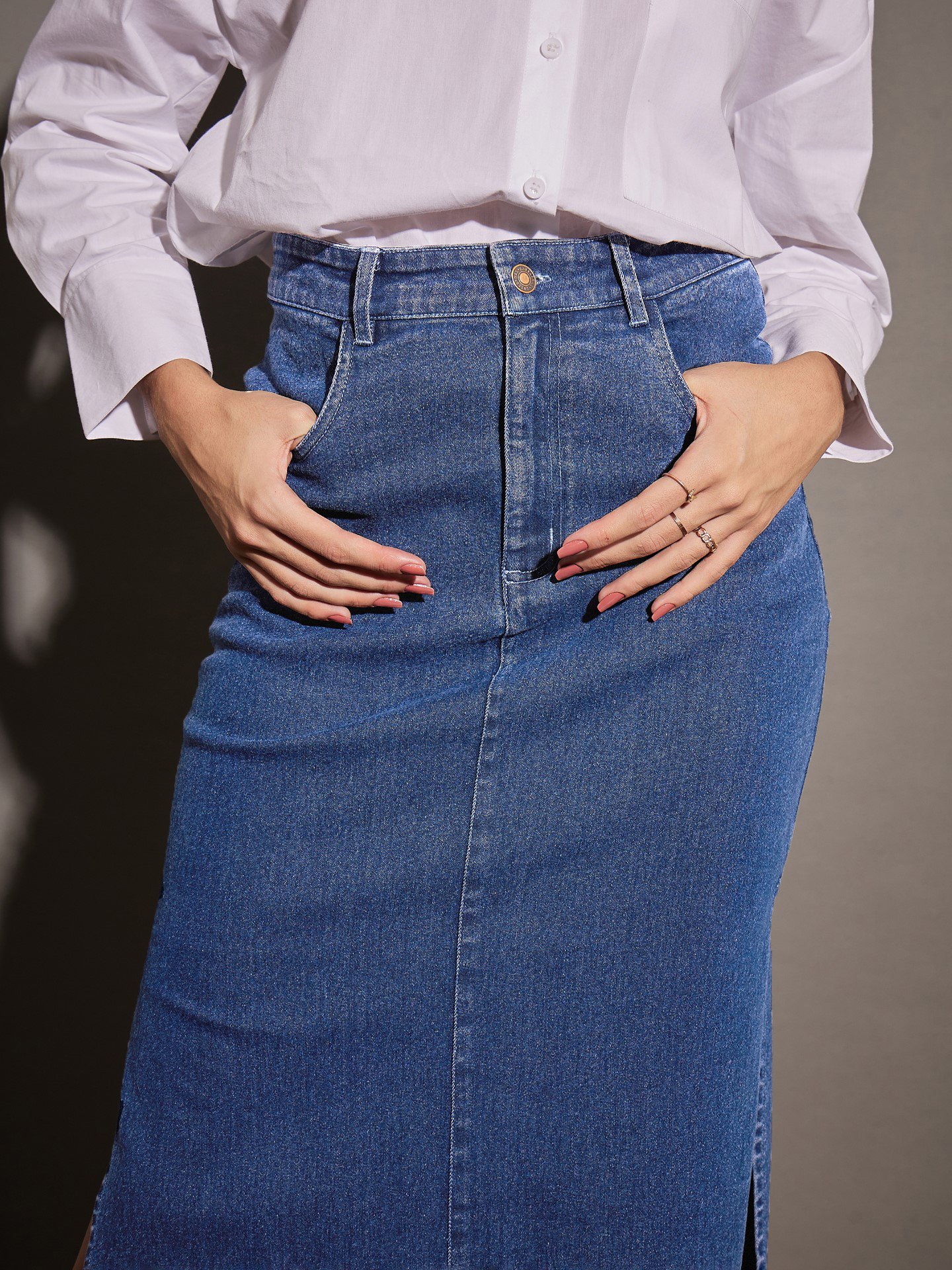 Blue Denim Pencil Skirt with Side Slit