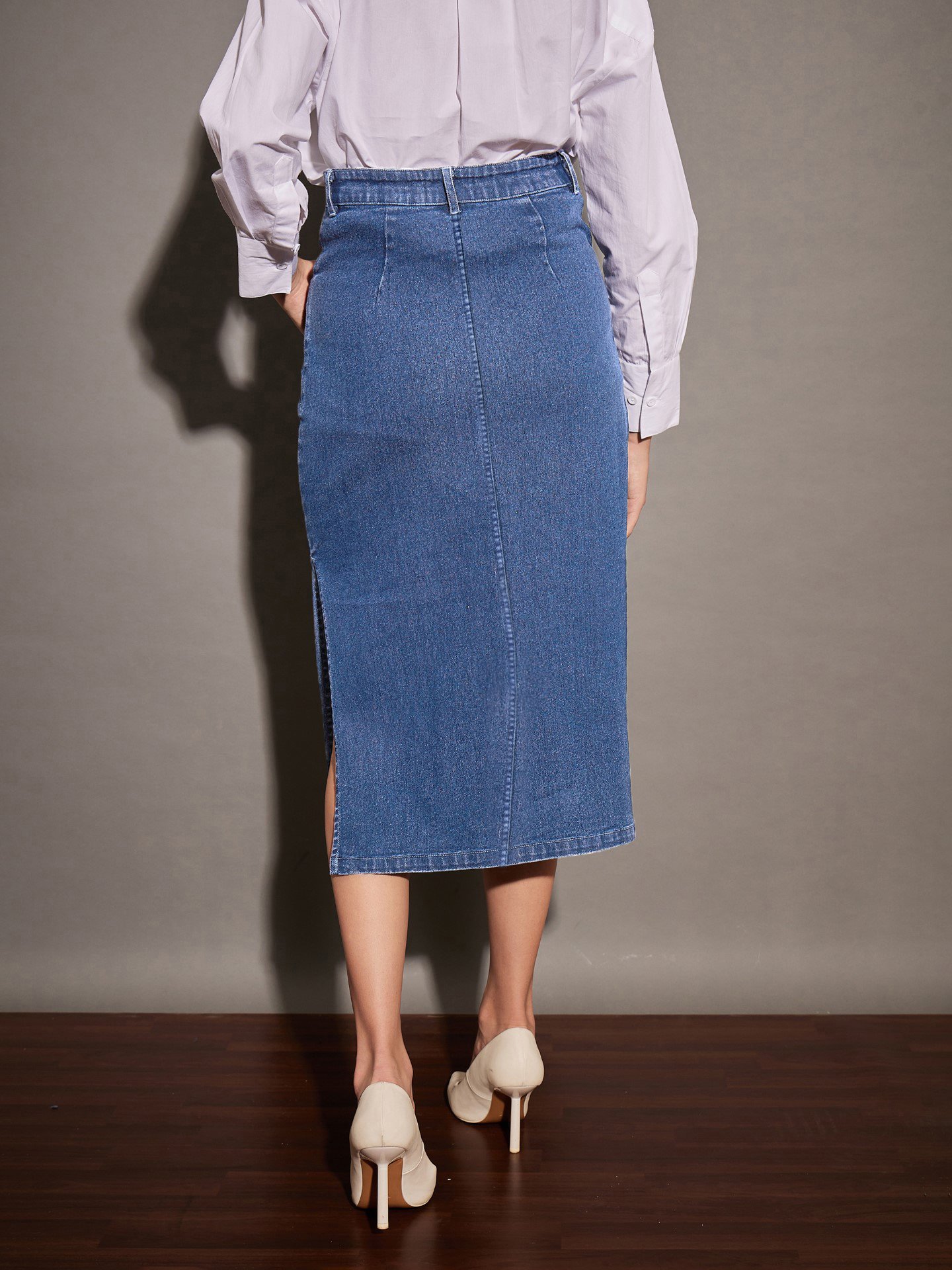 Blue Denim Pencil Skirt with Side Slit