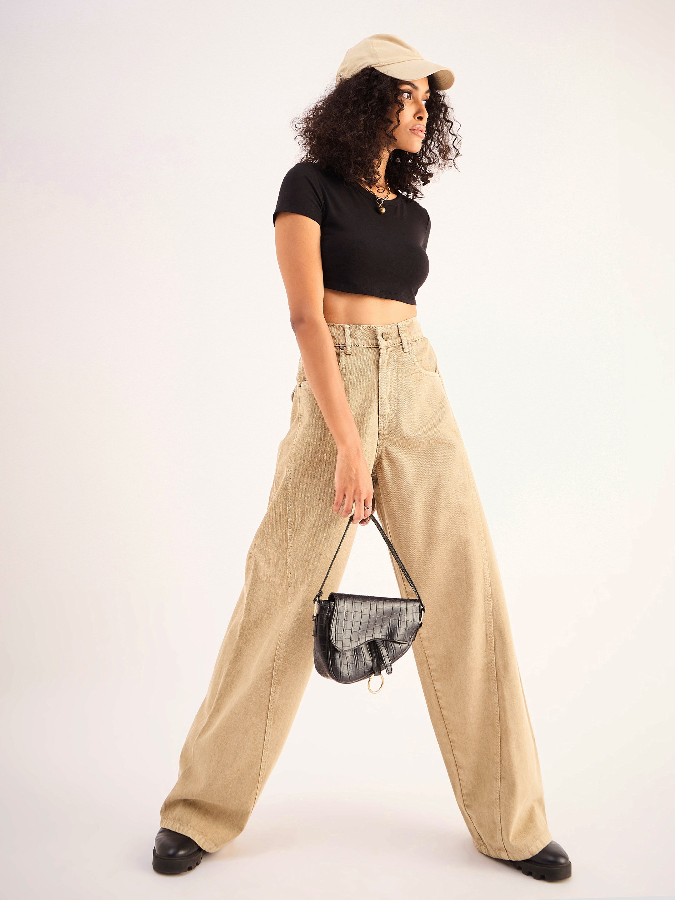 Beige Mid-Rise Straight Leg Jeans