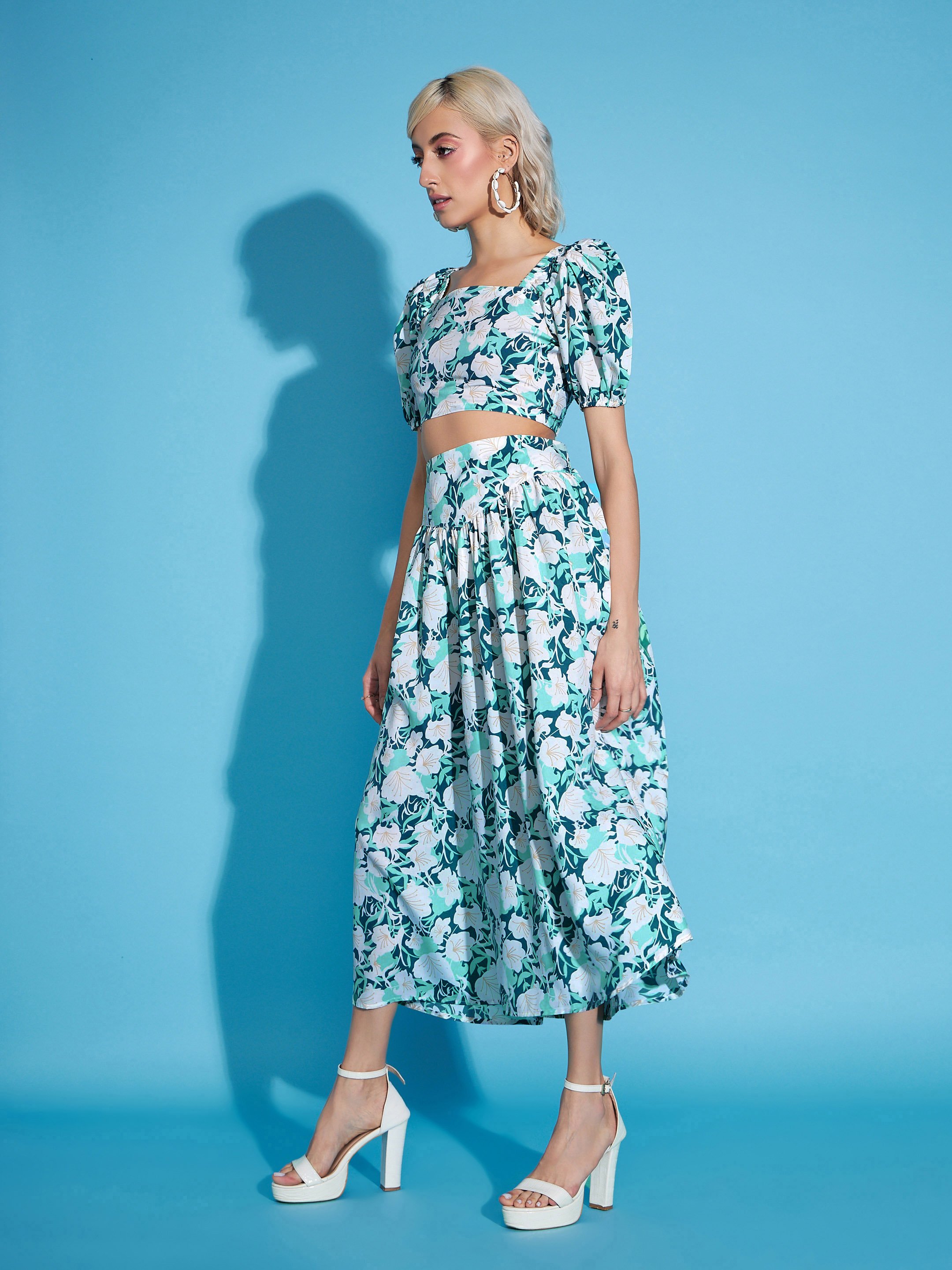 White Floral Skirt and Crop Top Co-ord Set