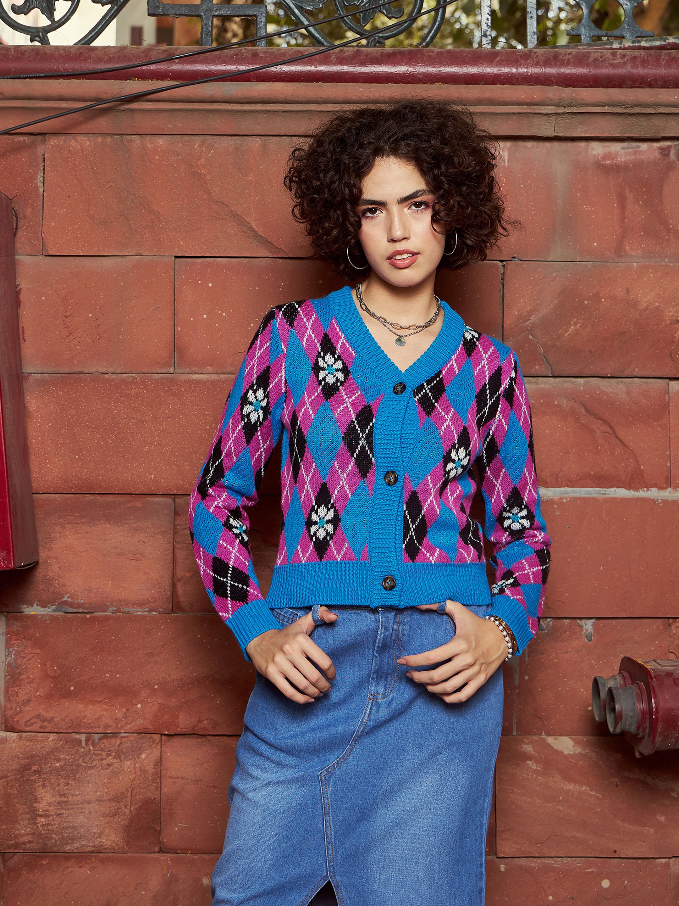 Blue Argyle Knit Cardigan