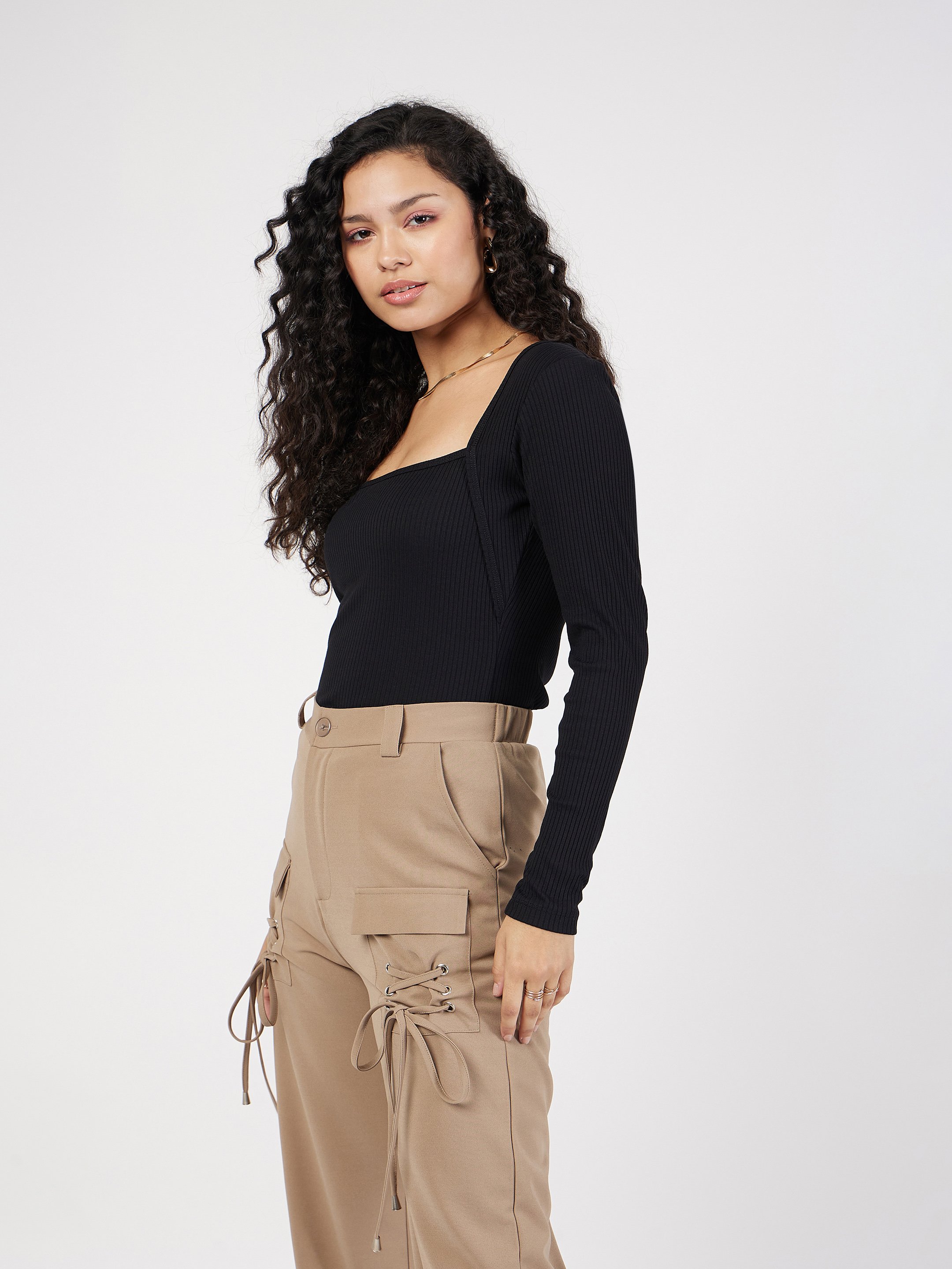 Black Ribbed Long Sleeve Square Neck Top