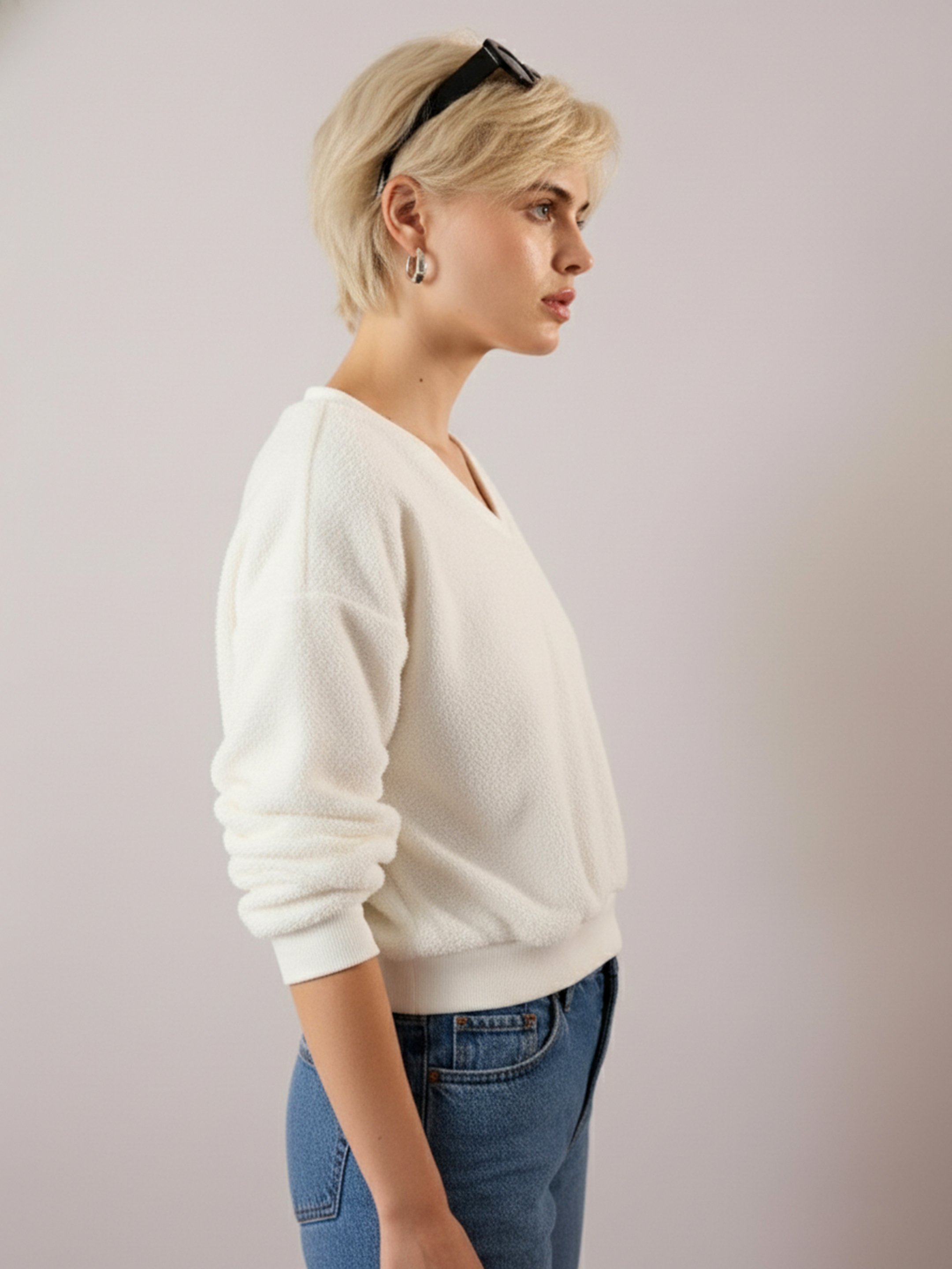 White Crop V-Neck Terry Sweatshirt