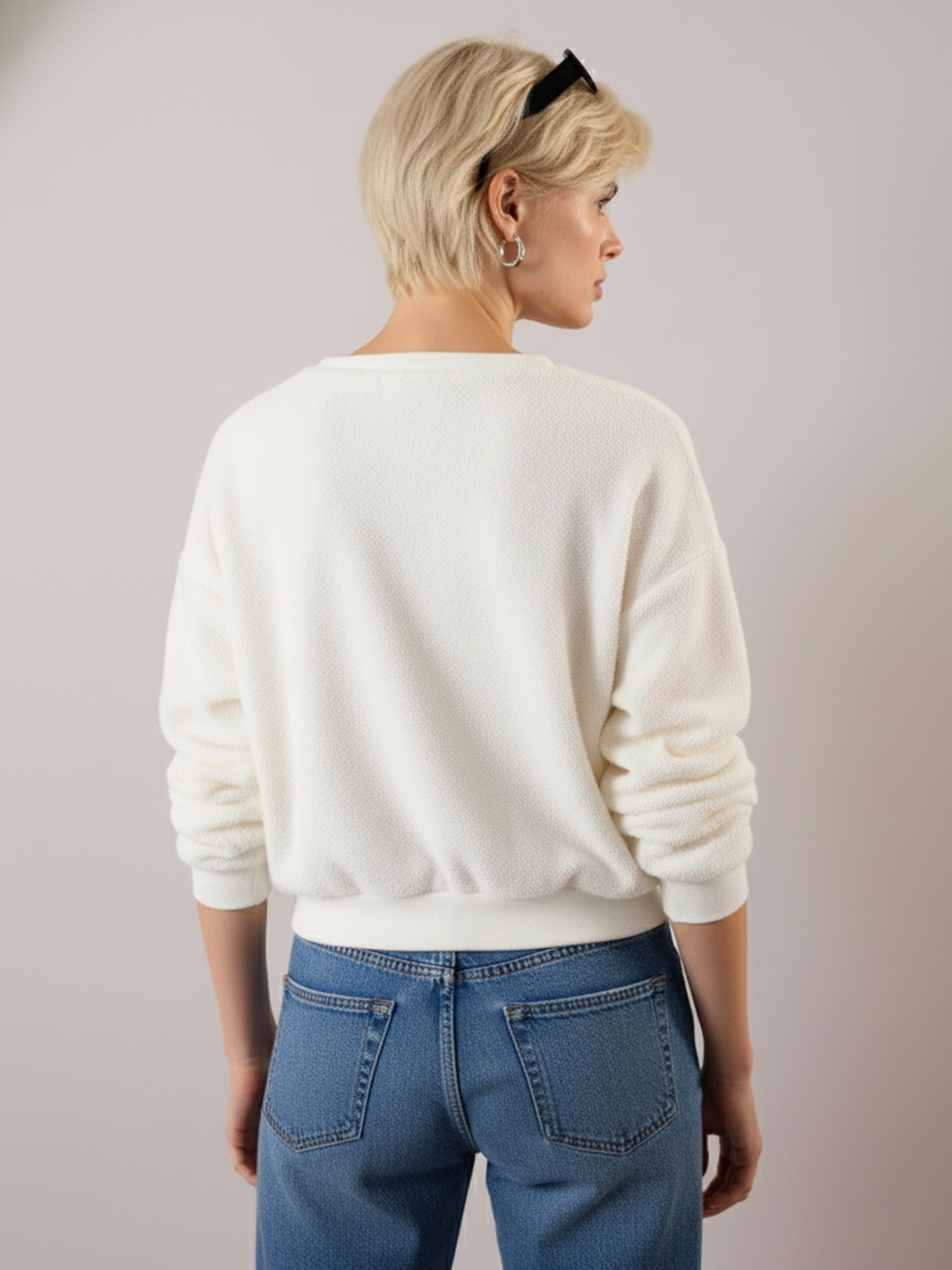 White Crop V-Neck Terry Sweatshirt
