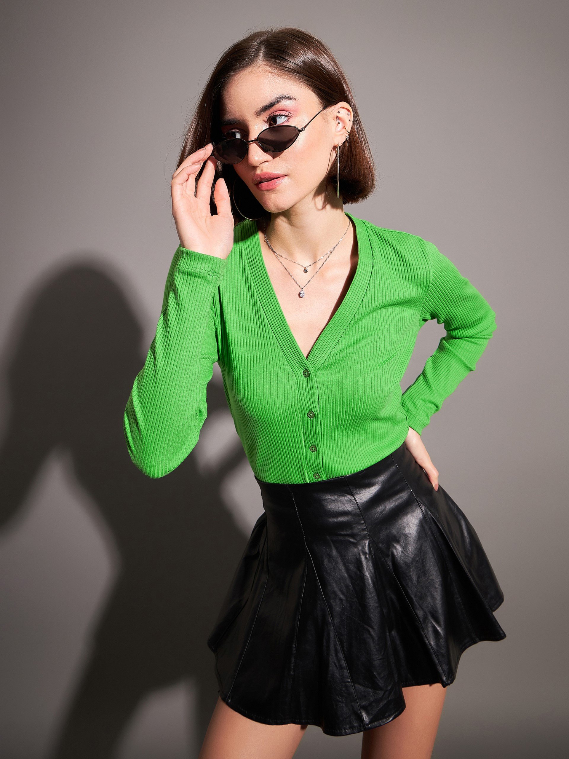 Emerald Ribbed Long Sleeve Button-Up Top