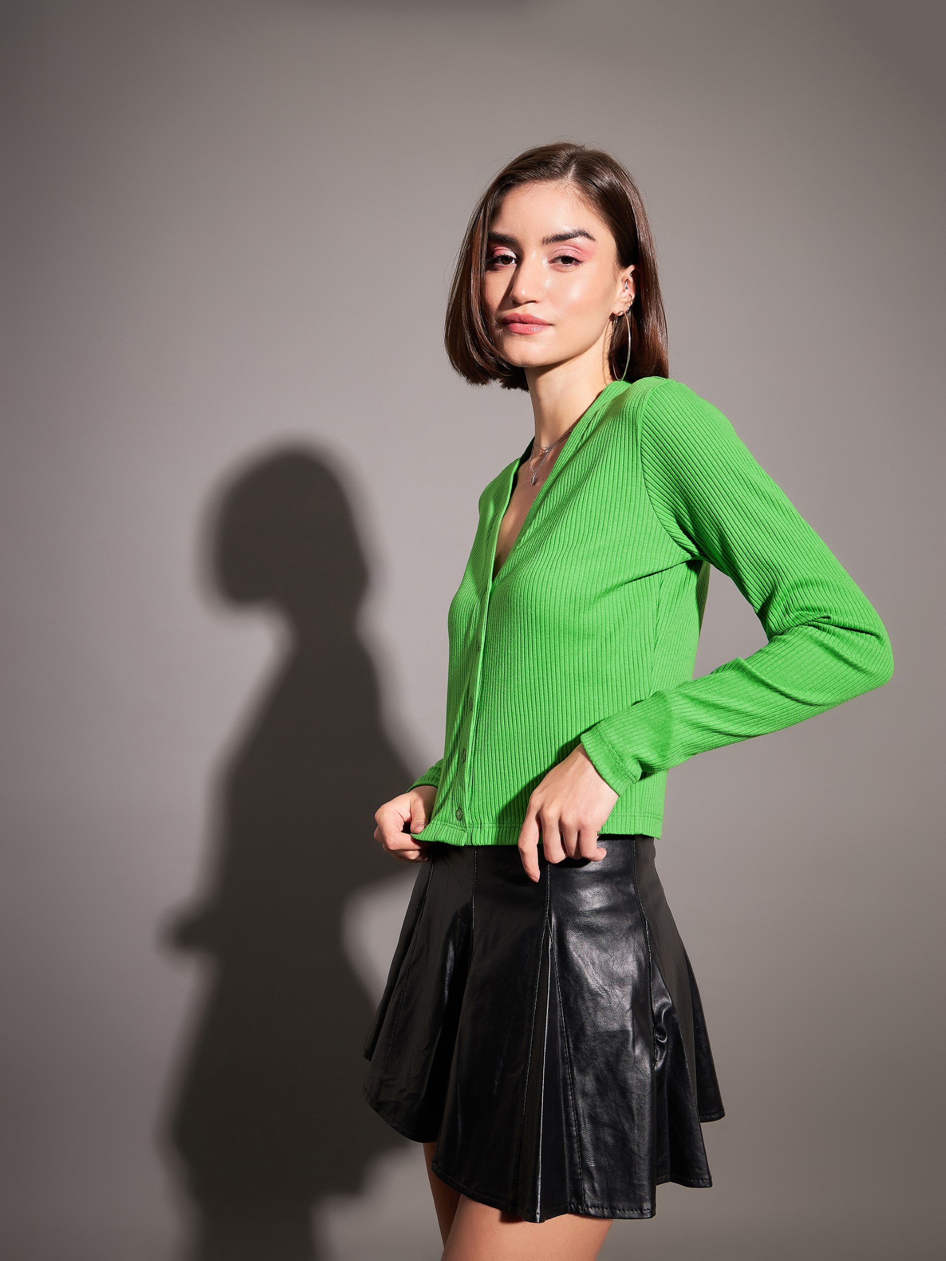 Emerald Ribbed Long Sleeve Button-Up Top