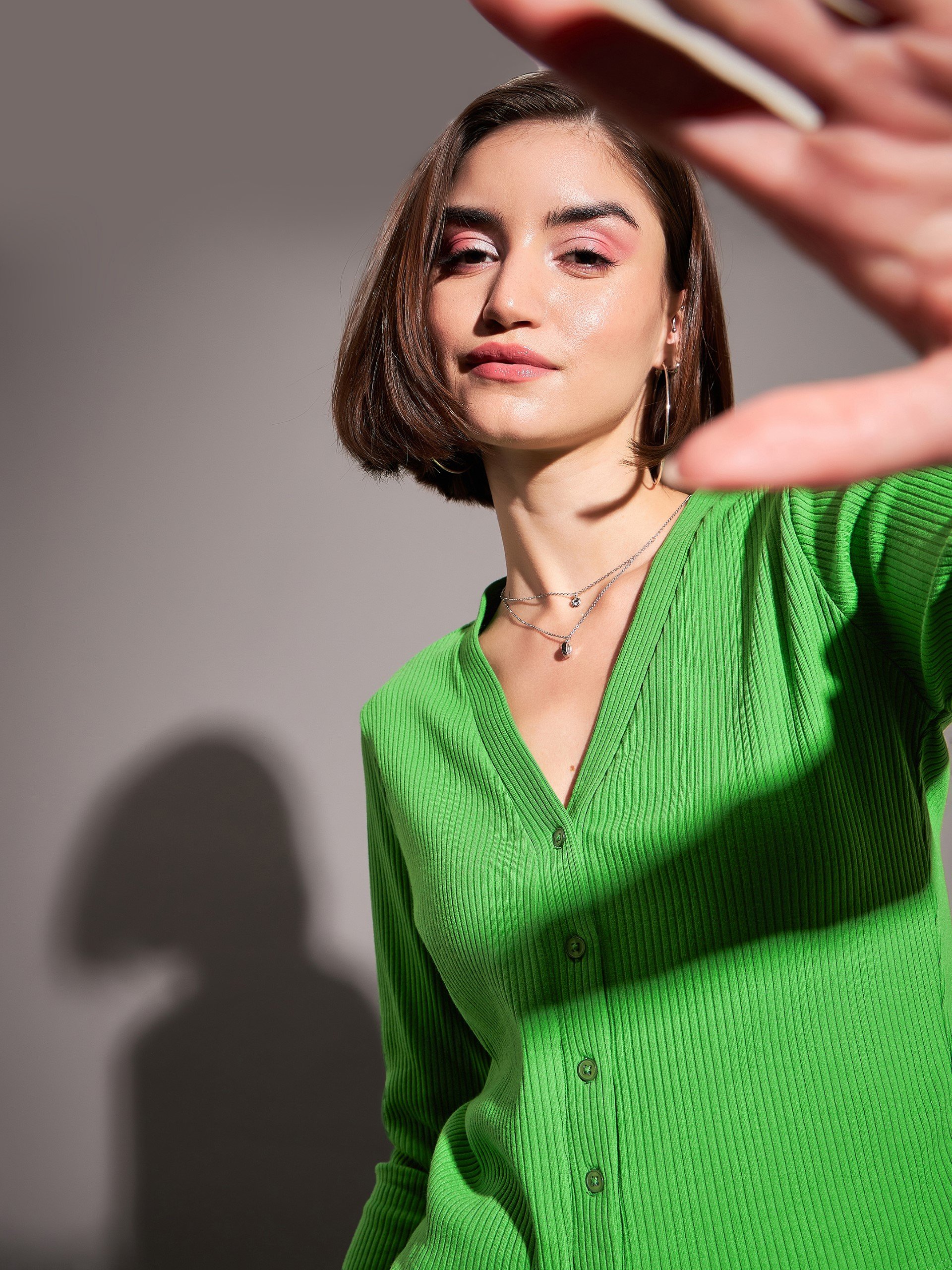 Emerald Ribbed Long Sleeve Button-Up Top