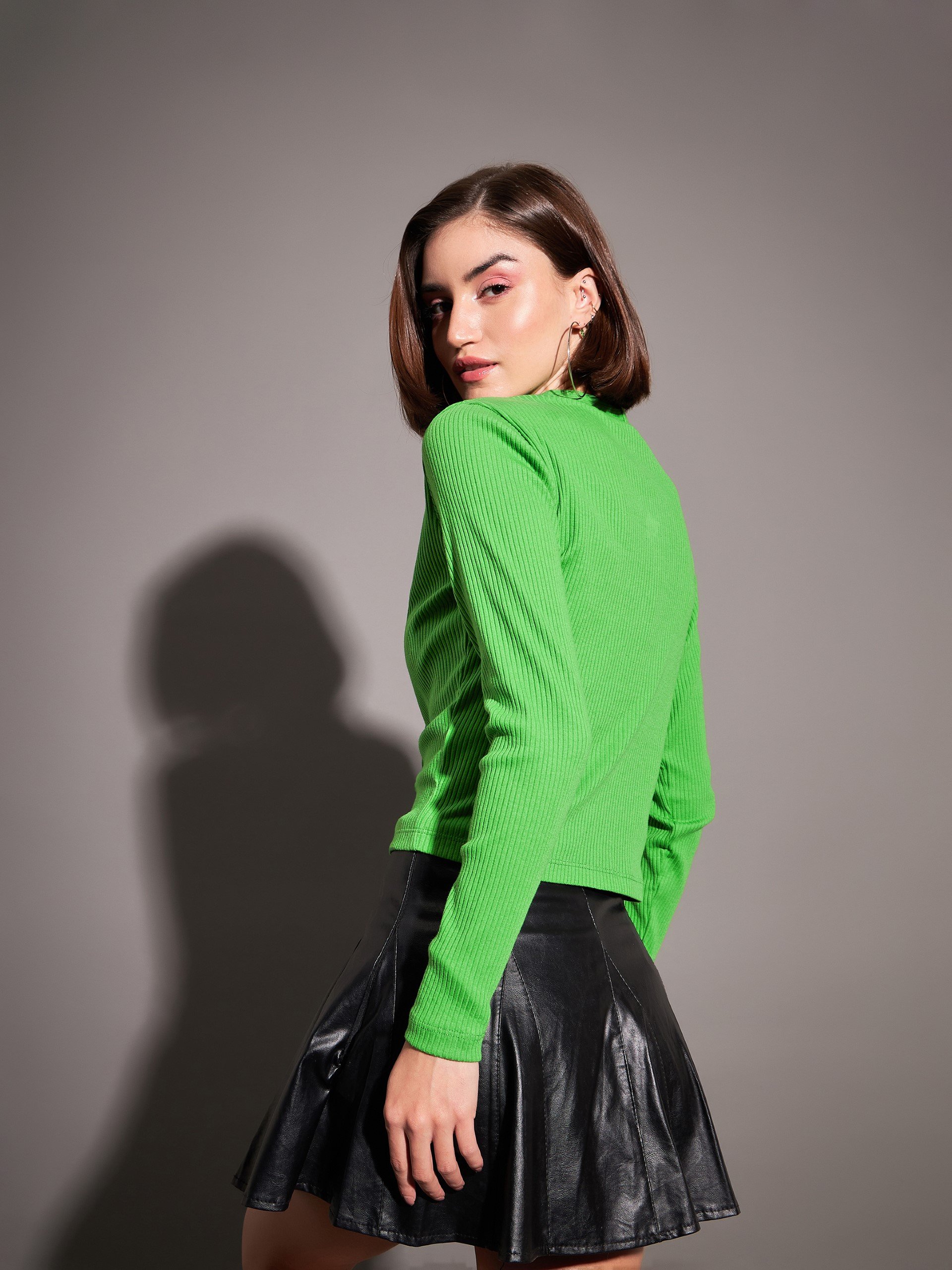 Emerald Ribbed Long Sleeve Button-Up Top