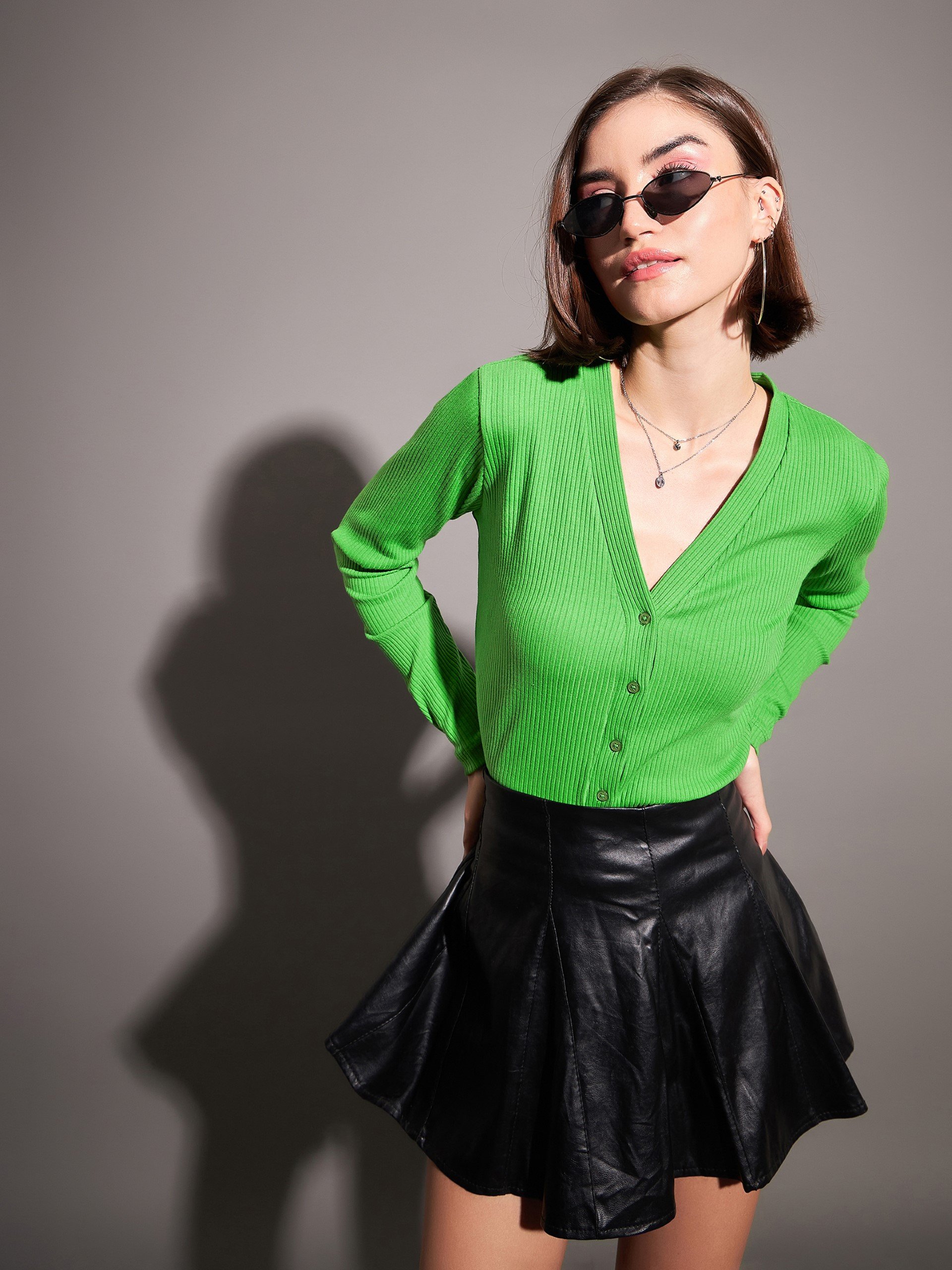 Emerald Ribbed Long Sleeve Button-Up Top