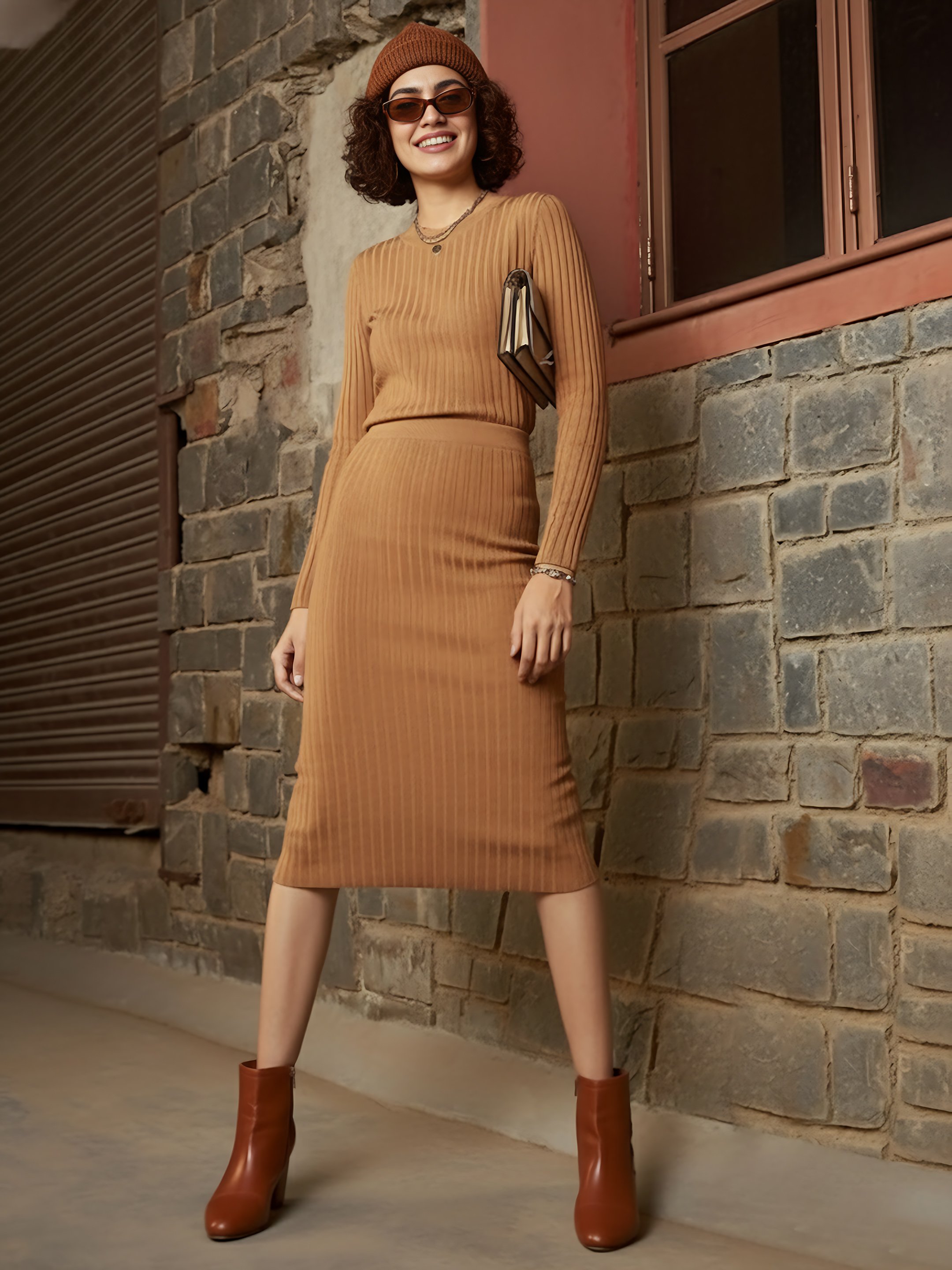 Brown Ribbed Pencil Midi Skirt