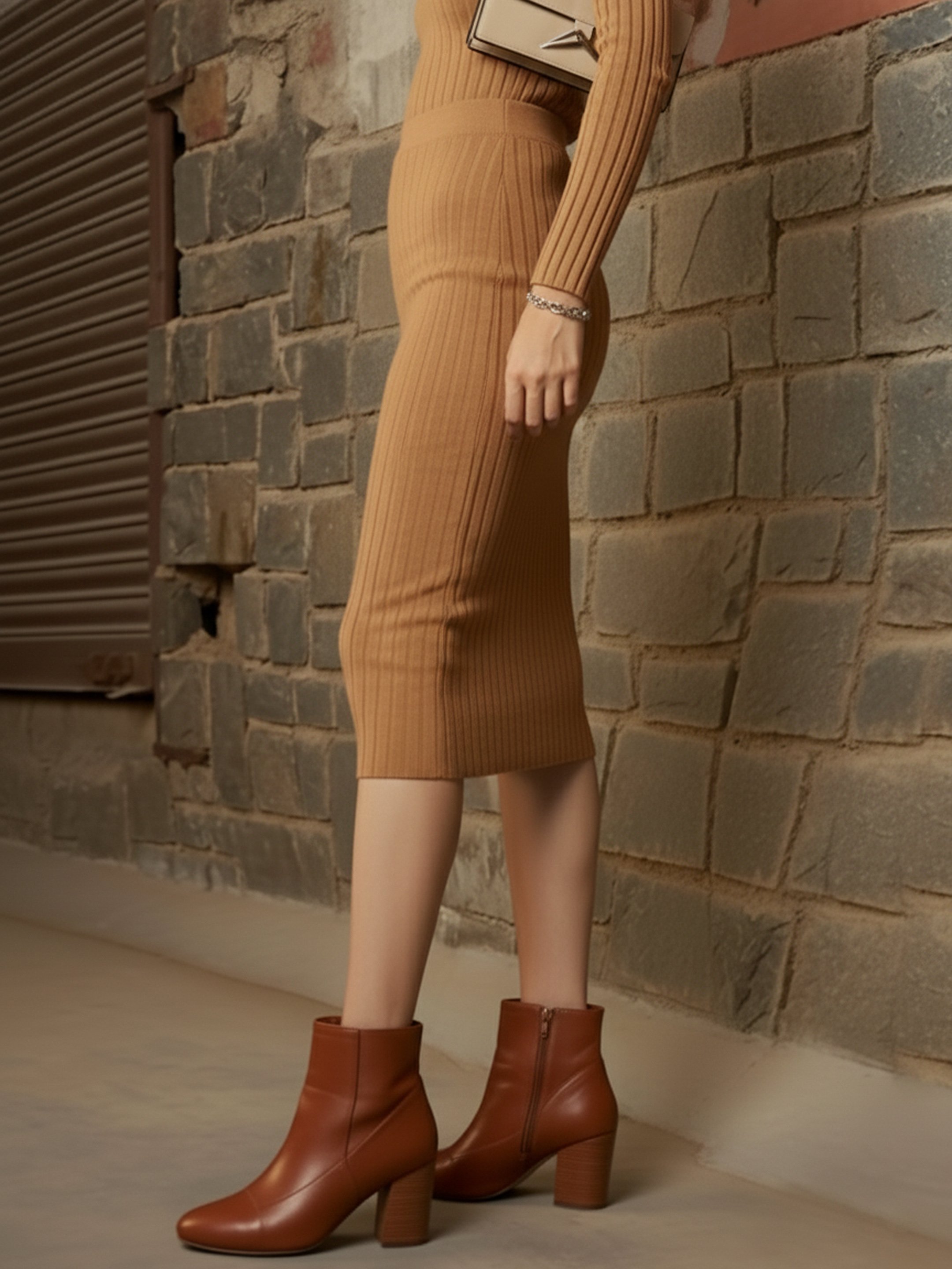 Brown Ribbed Pencil Midi Skirt