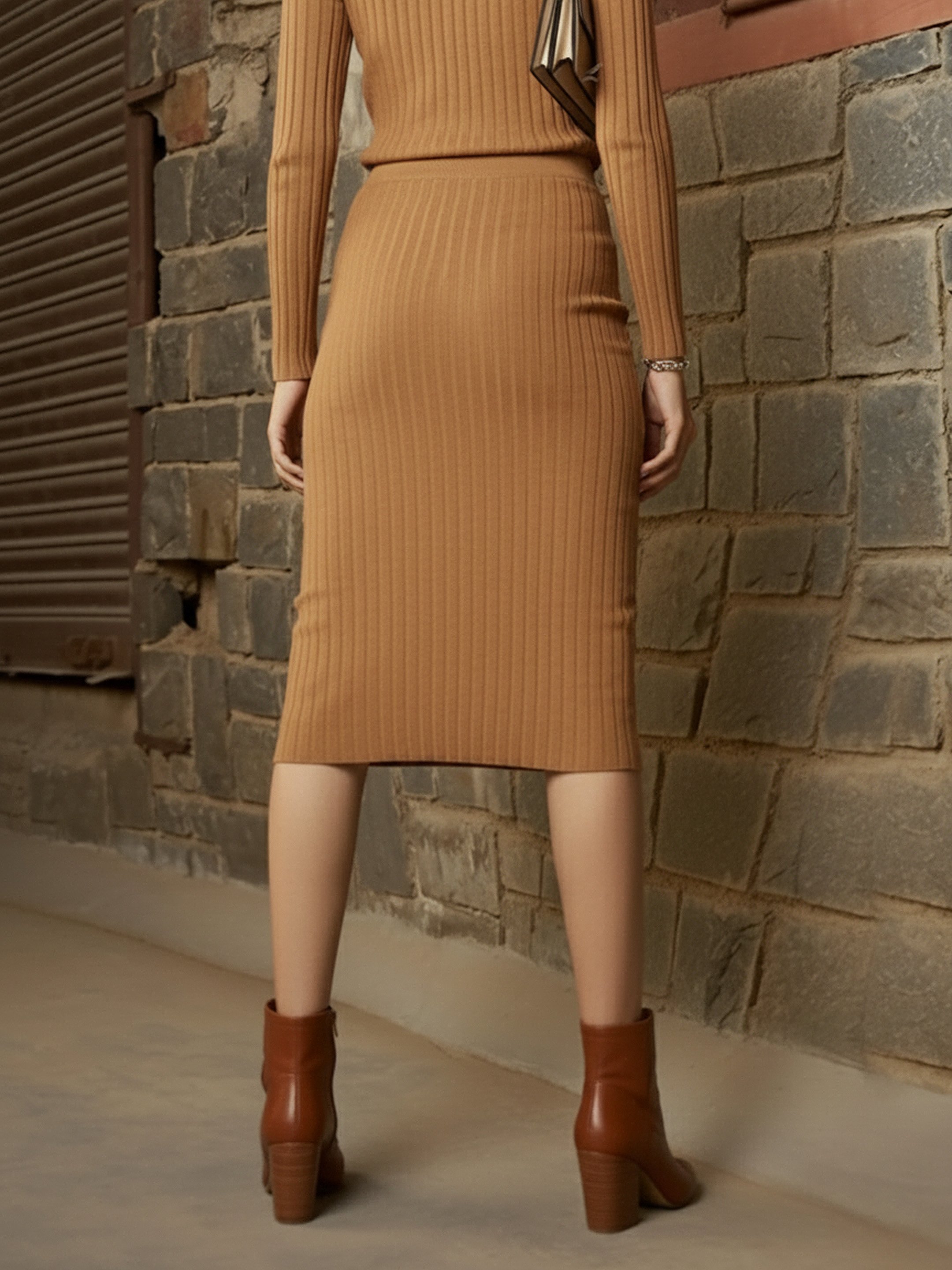Brown Ribbed Pencil Midi Skirt