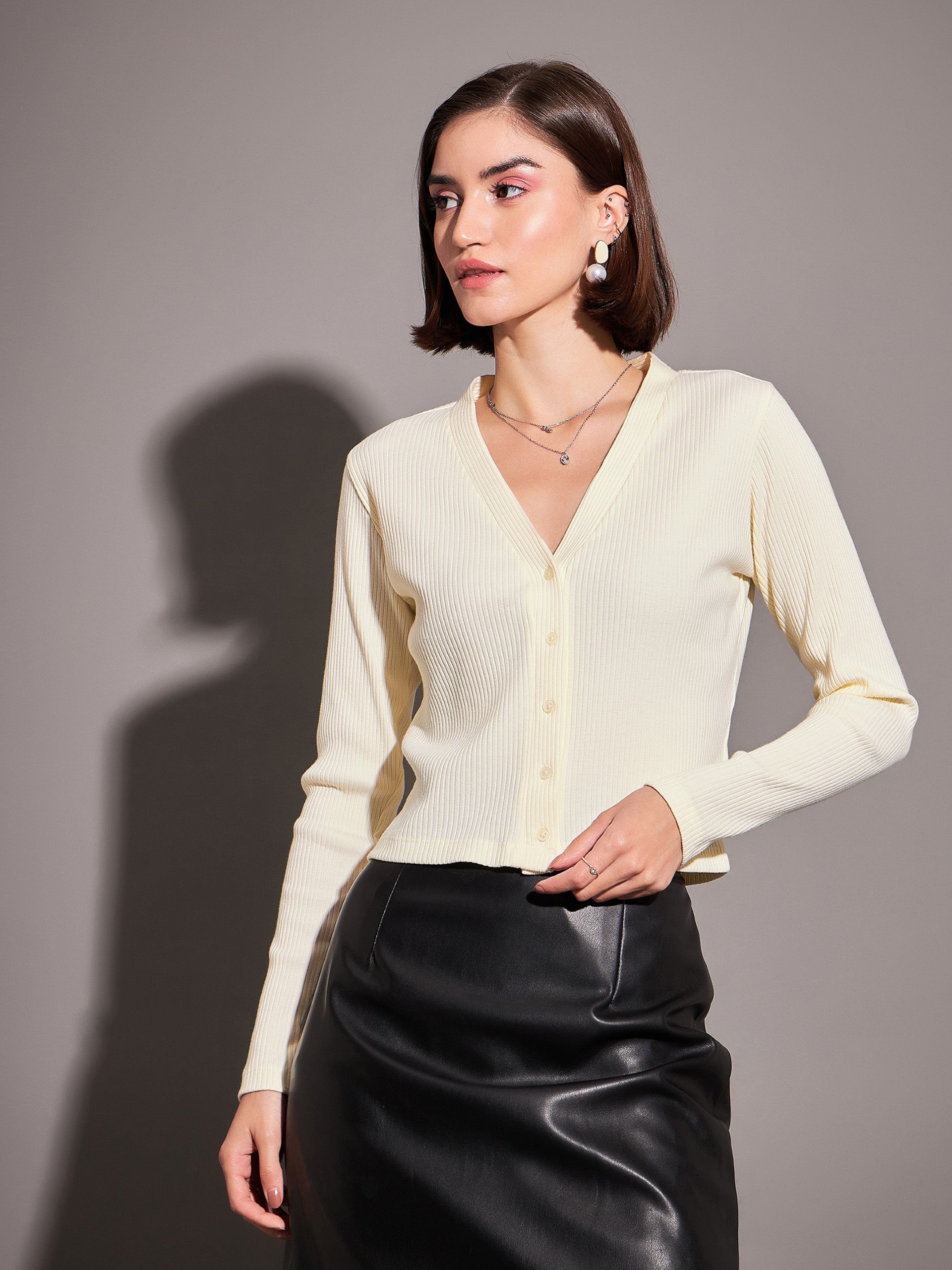 Off-White Ribbed Long Sleeve Cardigan Top