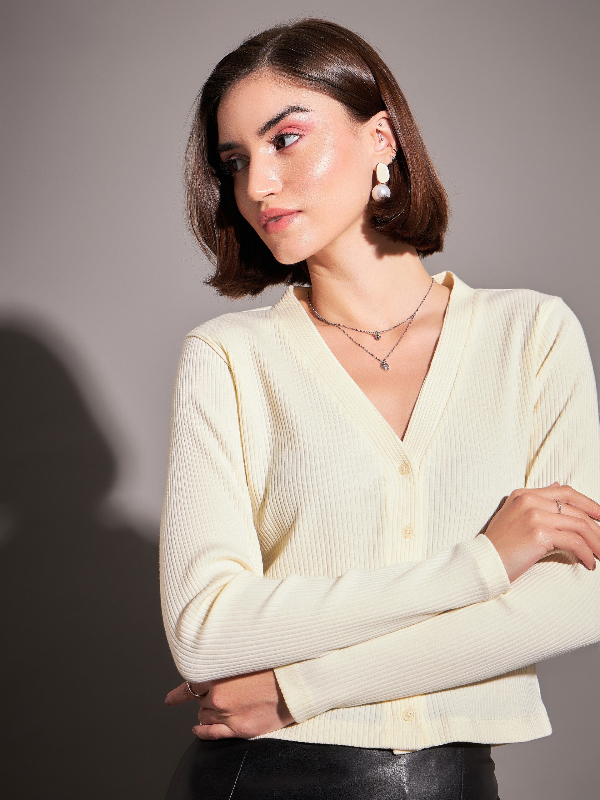 Off-White Ribbed Long Sleeve Cardigan Top