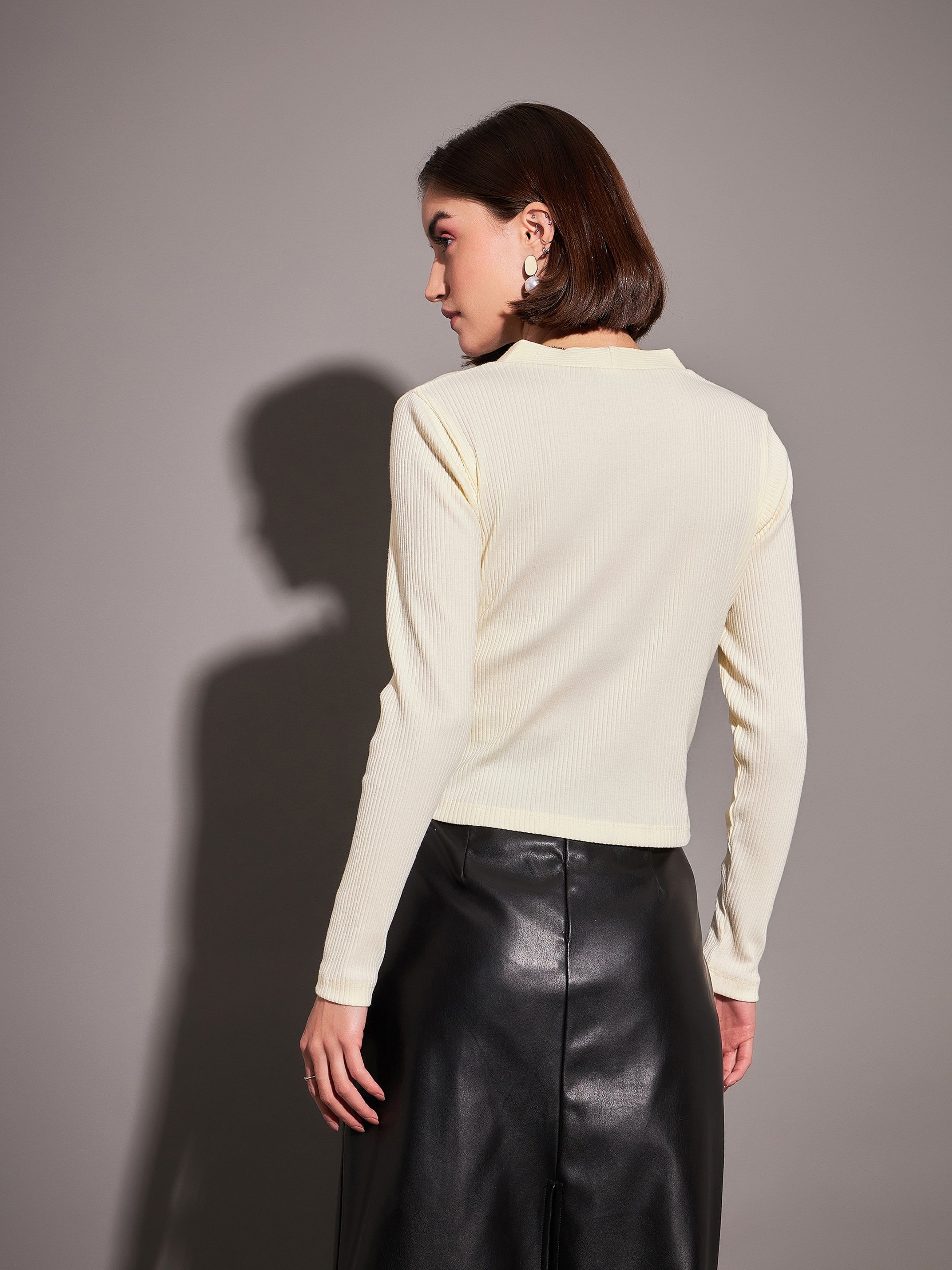 Off-White Ribbed Long Sleeve Cardigan Top