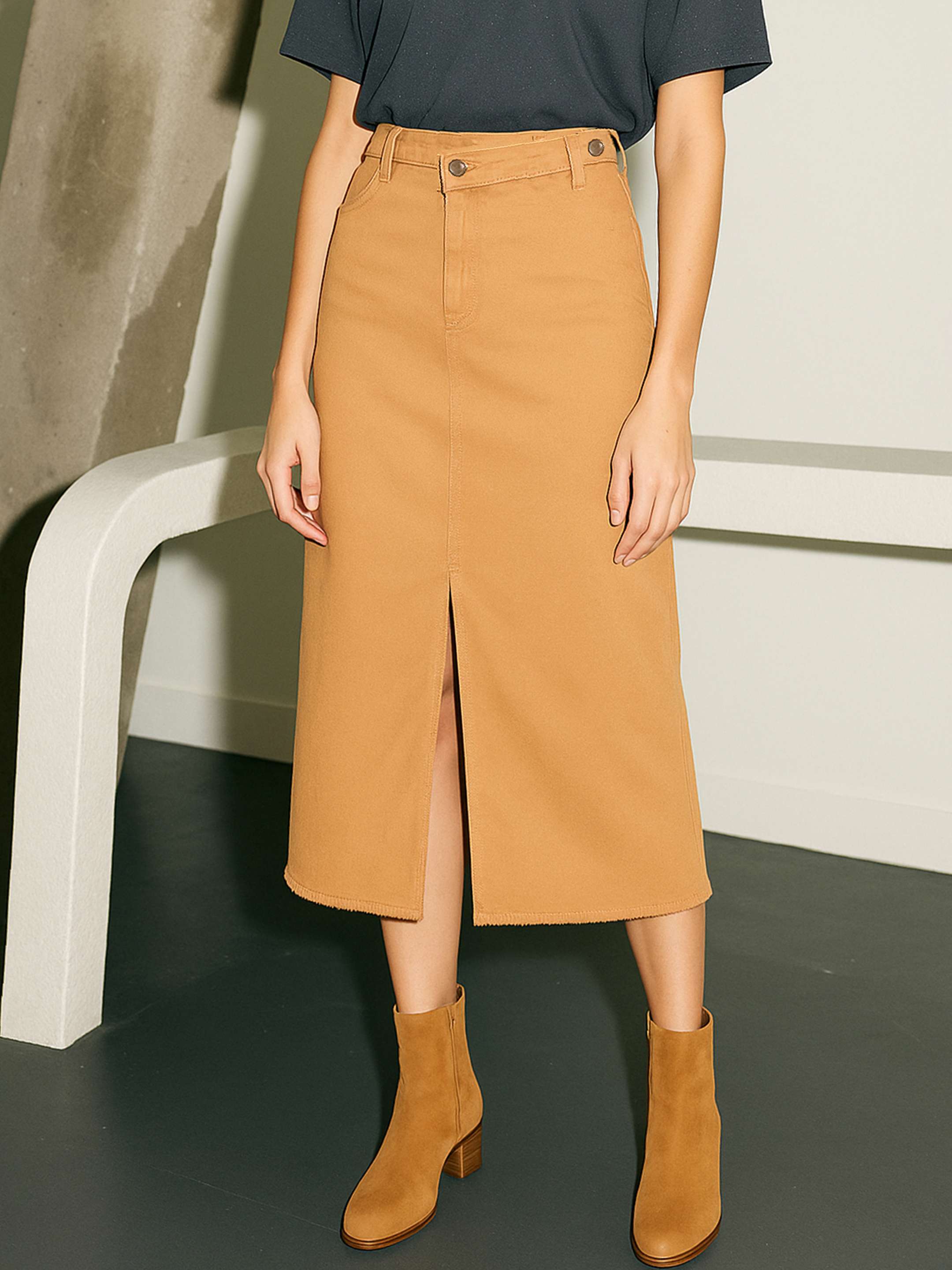 Rust Midi Denim Skirt with Front Slit
