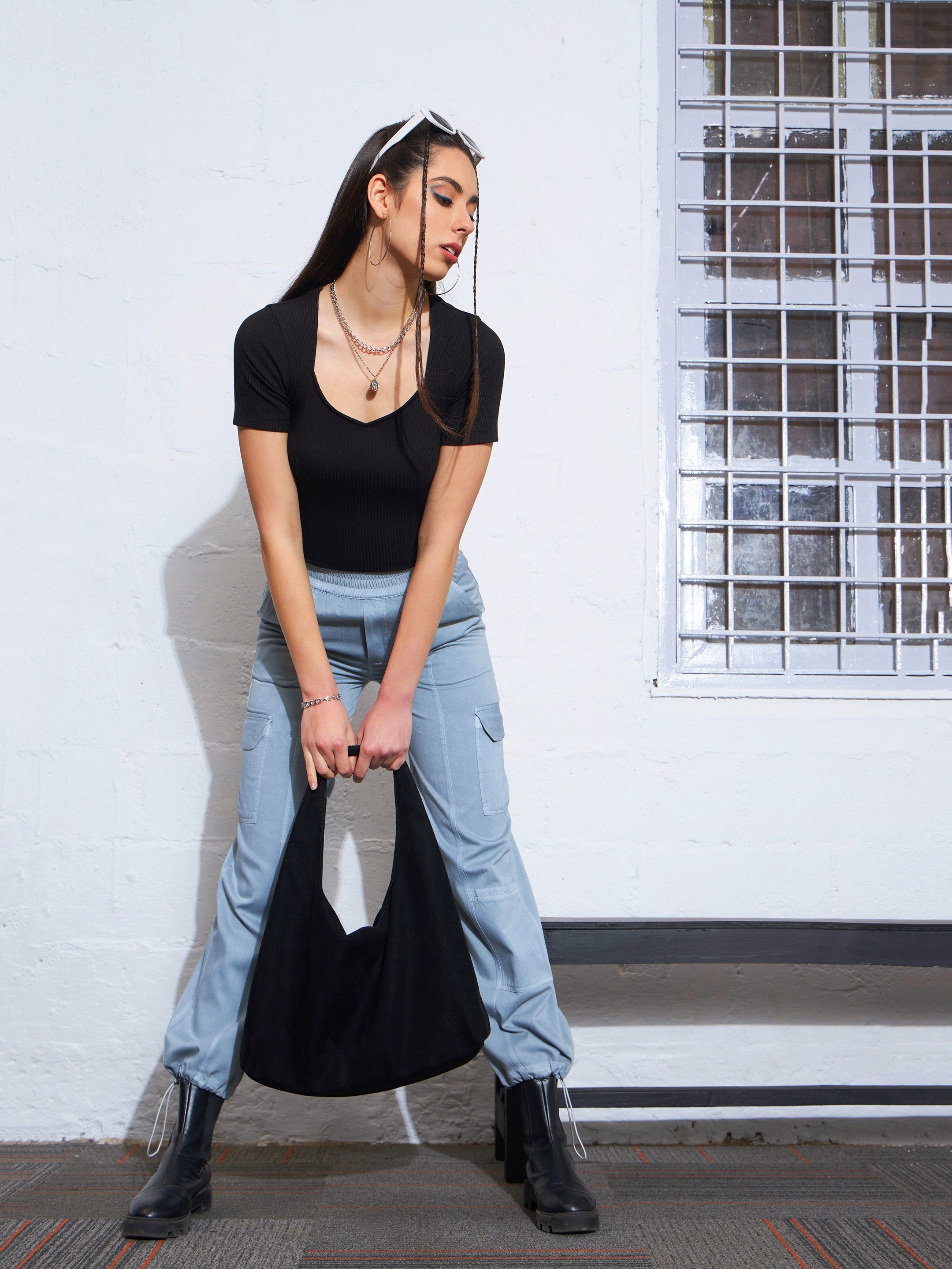Black Ribbed Short Sleeve V-Neck Top