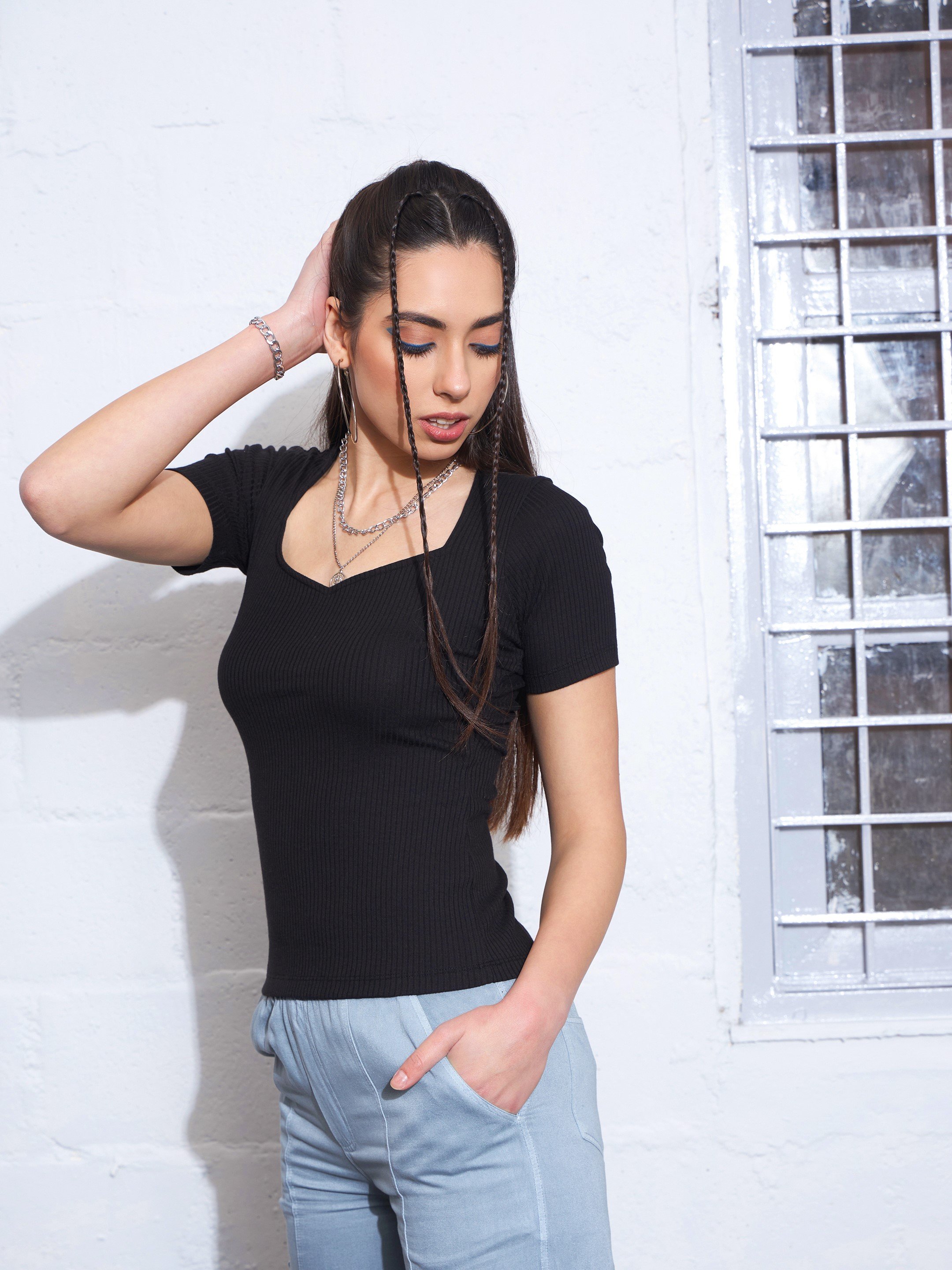 Black Ribbed Short Sleeve V-Neck Top