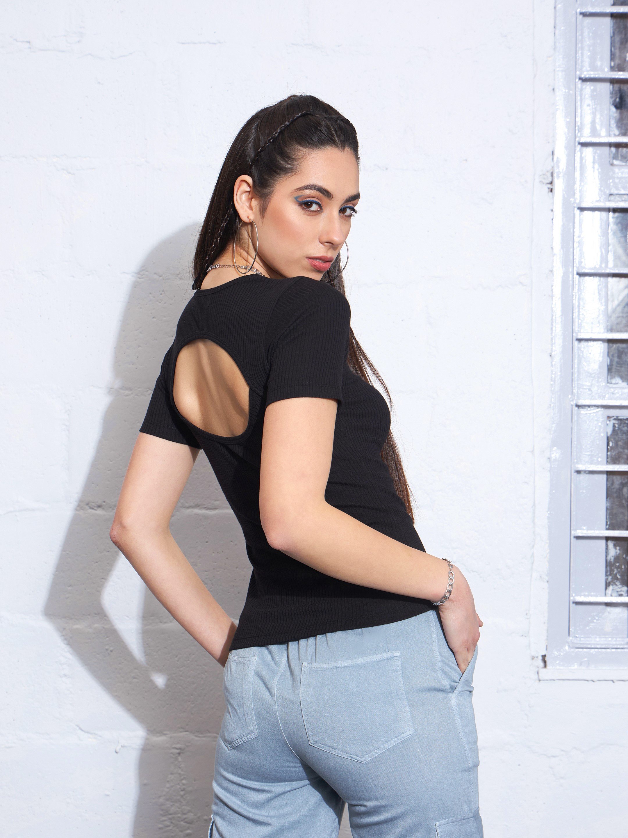 Black Ribbed Short Sleeve V-Neck Top