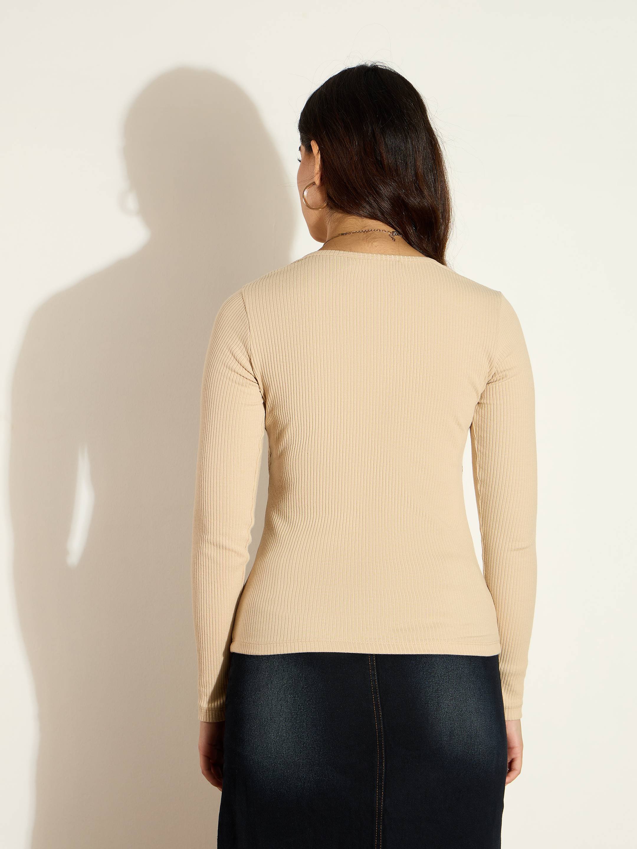 Beige Ribbed Long Sleeve Square Neck Top