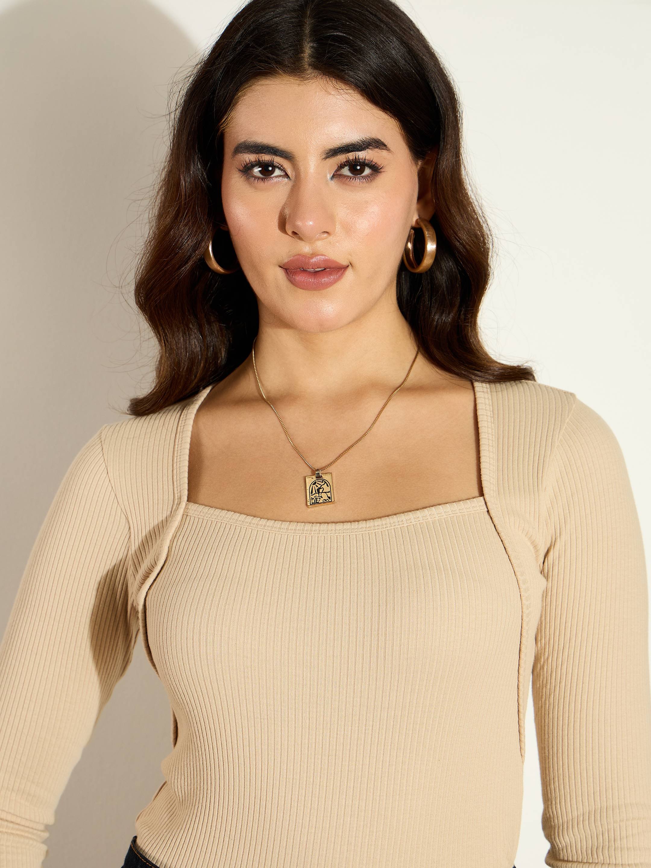 Beige Ribbed Long Sleeve Square Neck Top