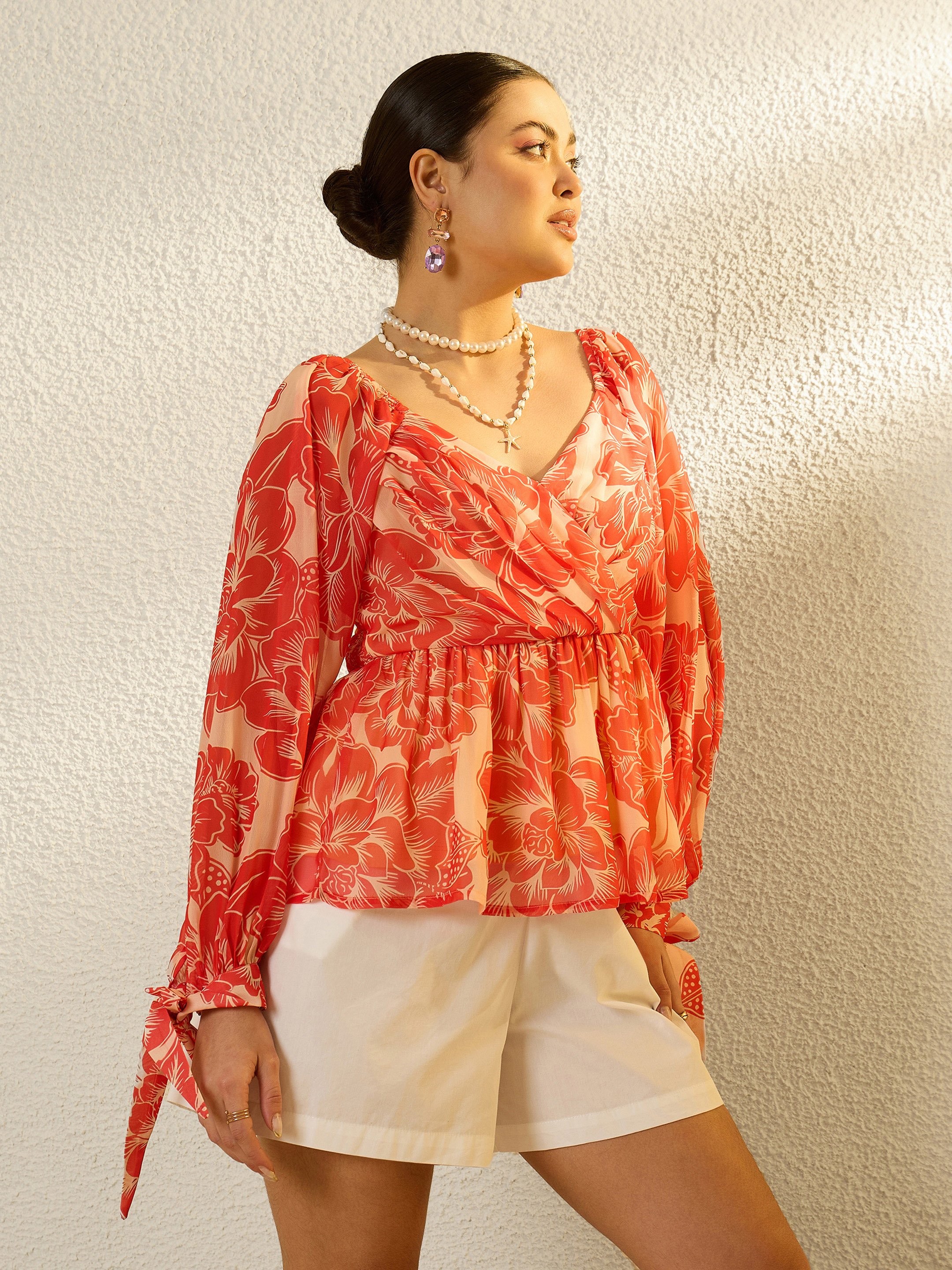 Orange Floral Long Sleeve Peplum Top