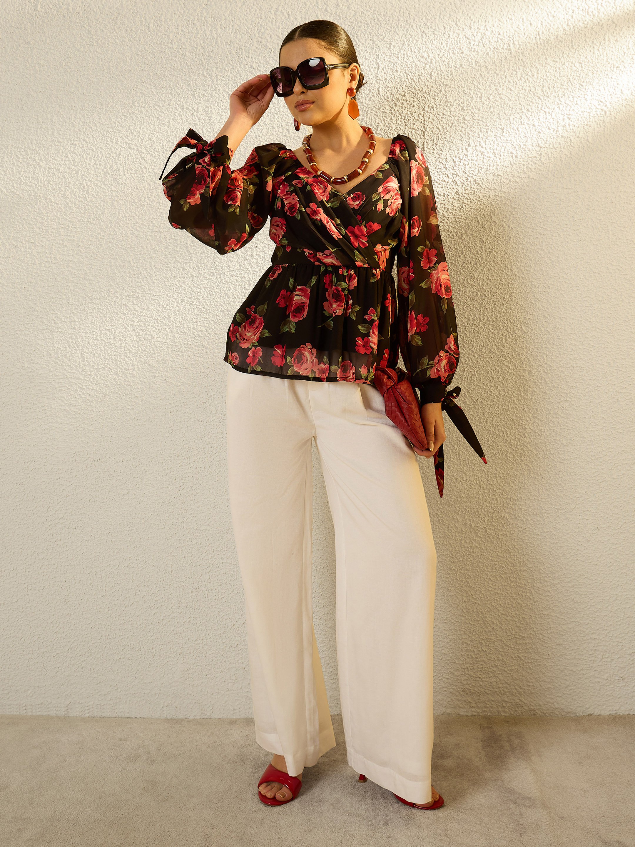 Black Floral Peplum Long Sleeve Blouse
