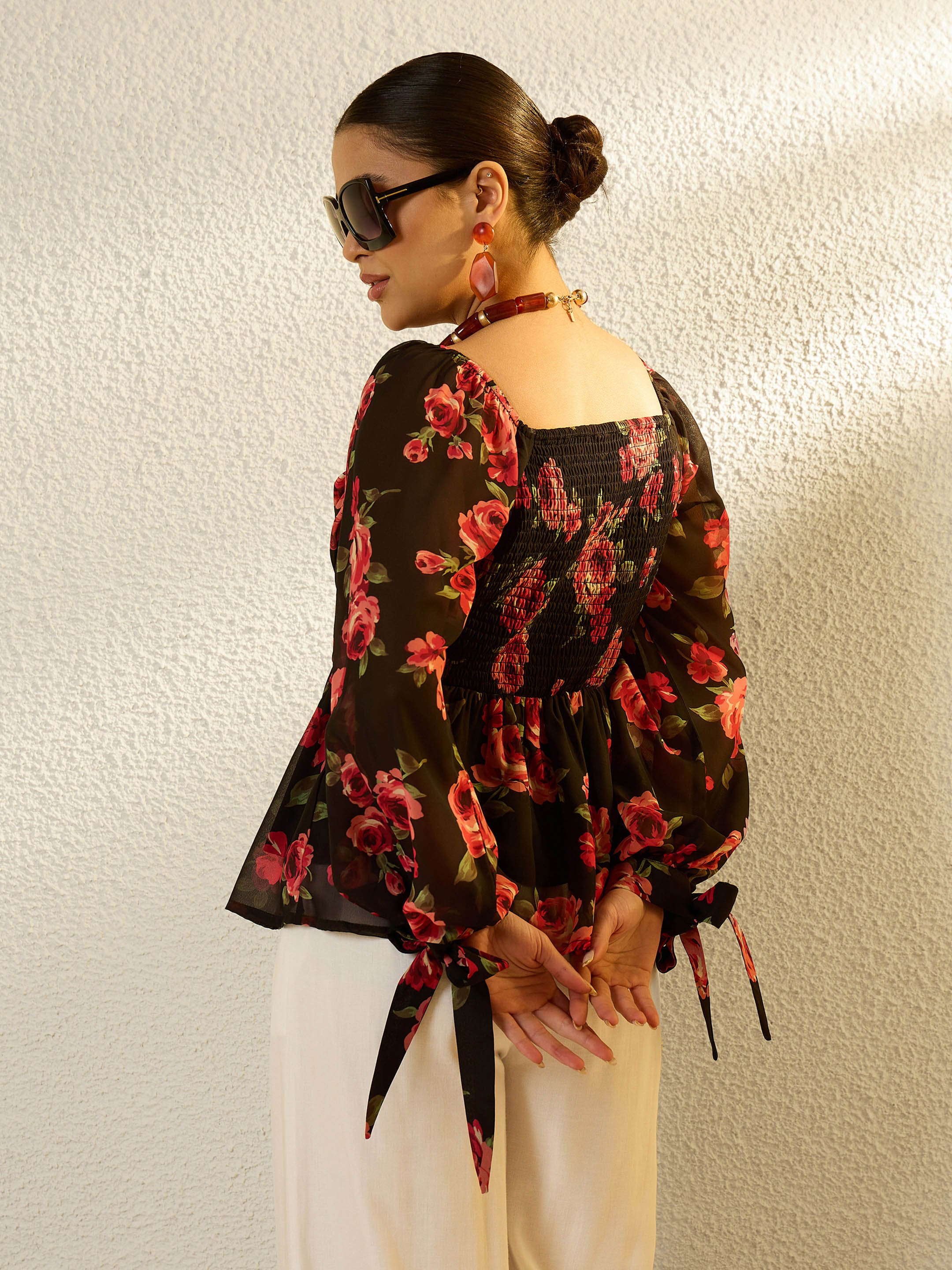 Black Floral Peplum Long Sleeve Blouse