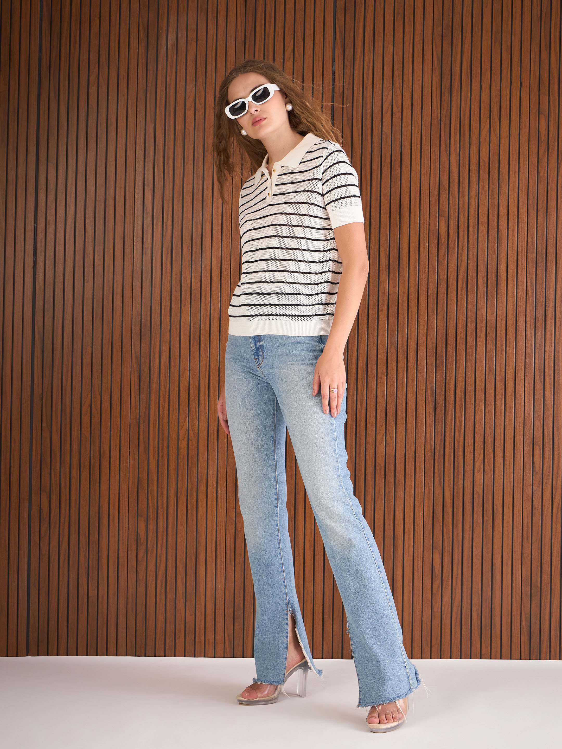 Striped Crochet Polo T-Shirt with Short Sleeve