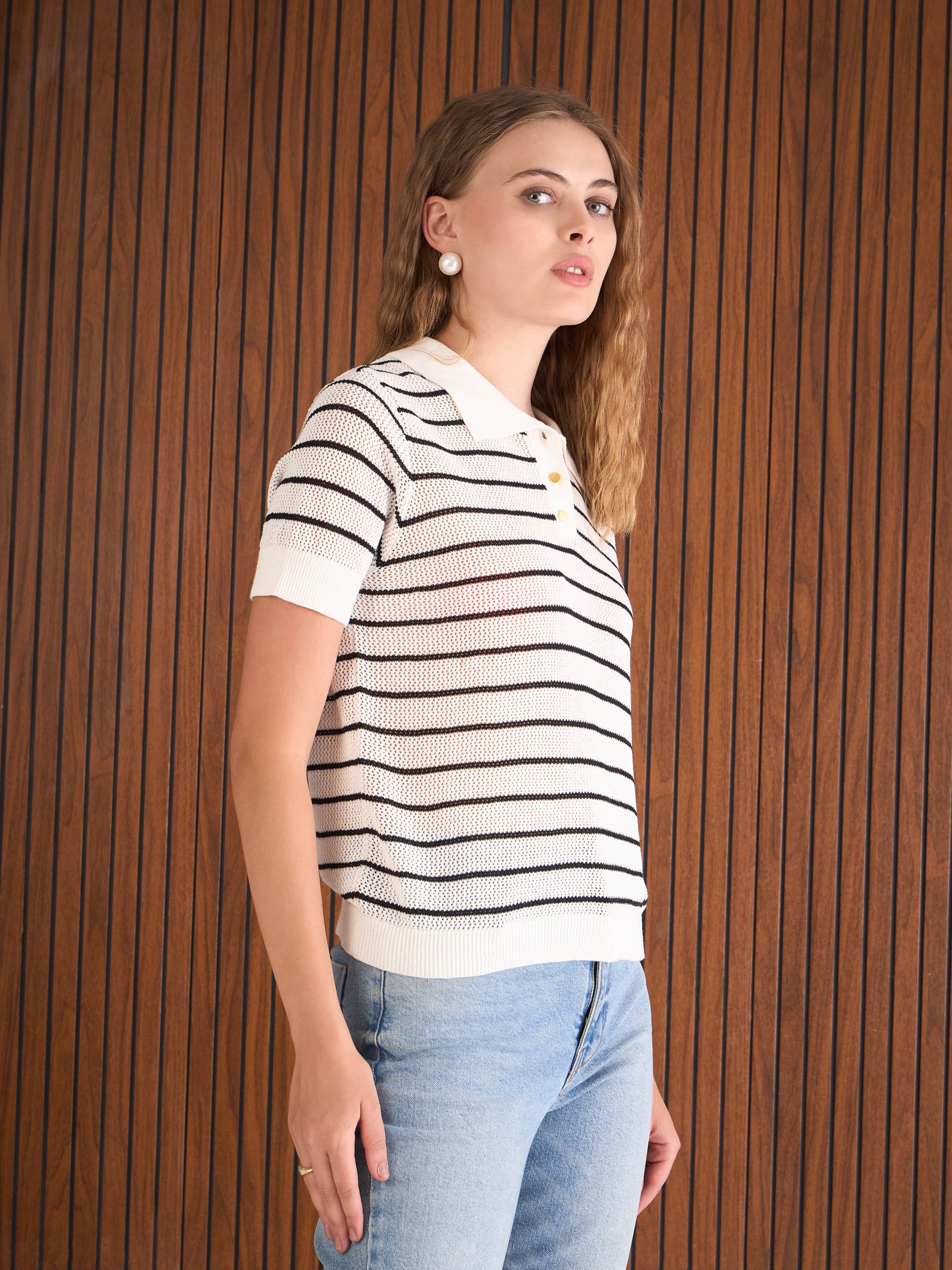 Striped Crochet Polo T-Shirt with Short Sleeve