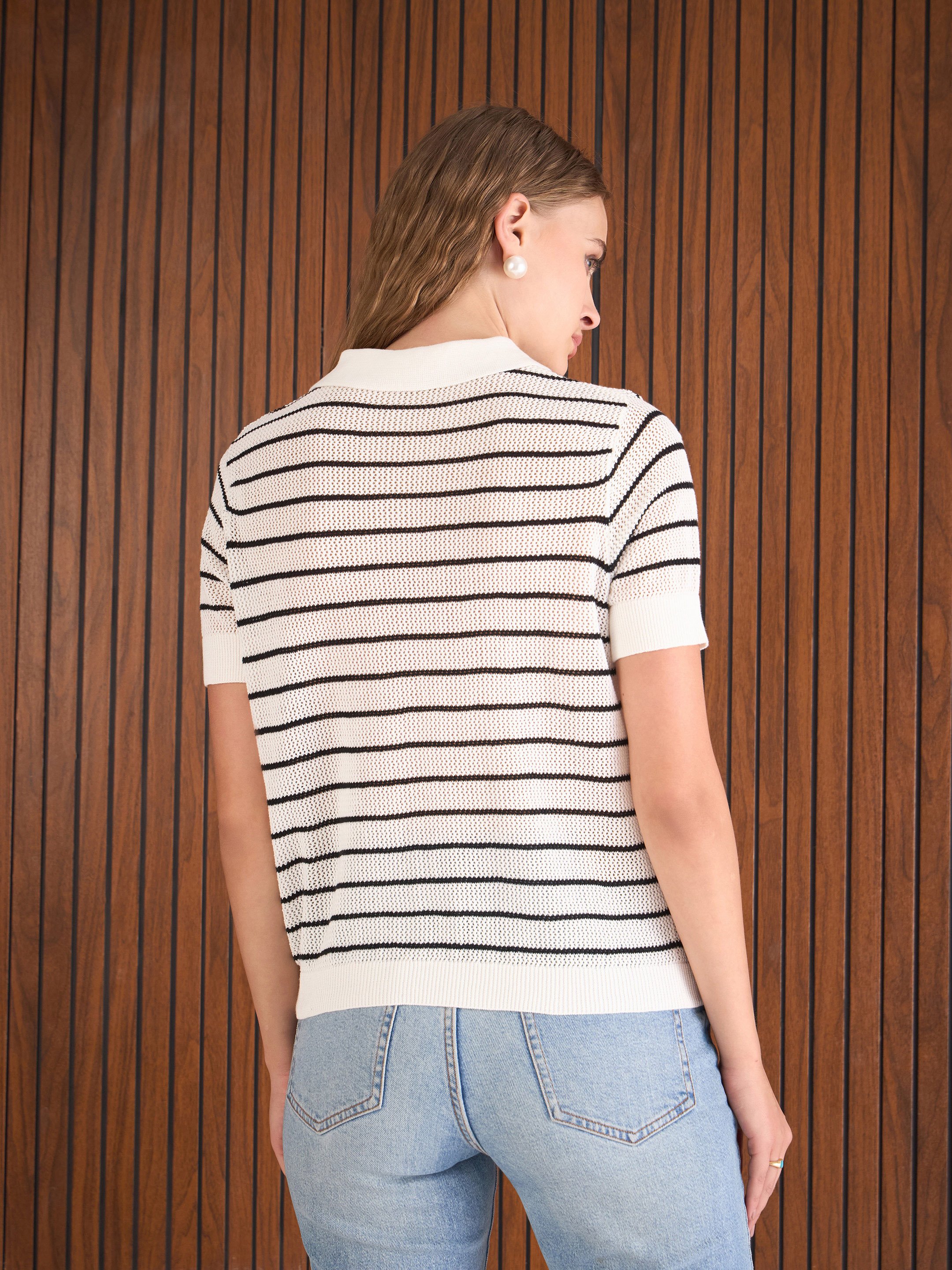 Striped Crochet Polo T-Shirt with Short Sleeve