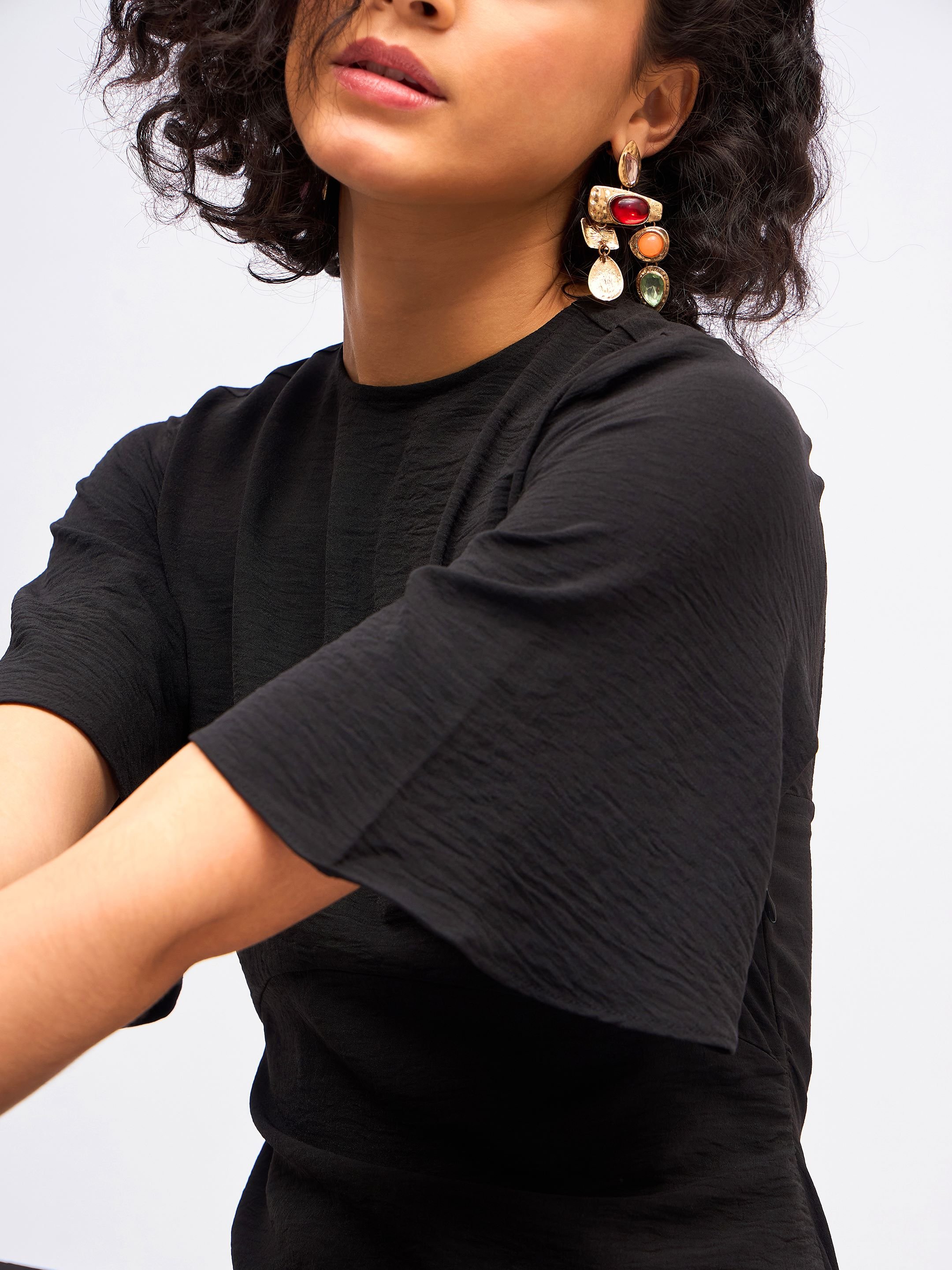 Black A-Line Midi Dress with Short Sleeves