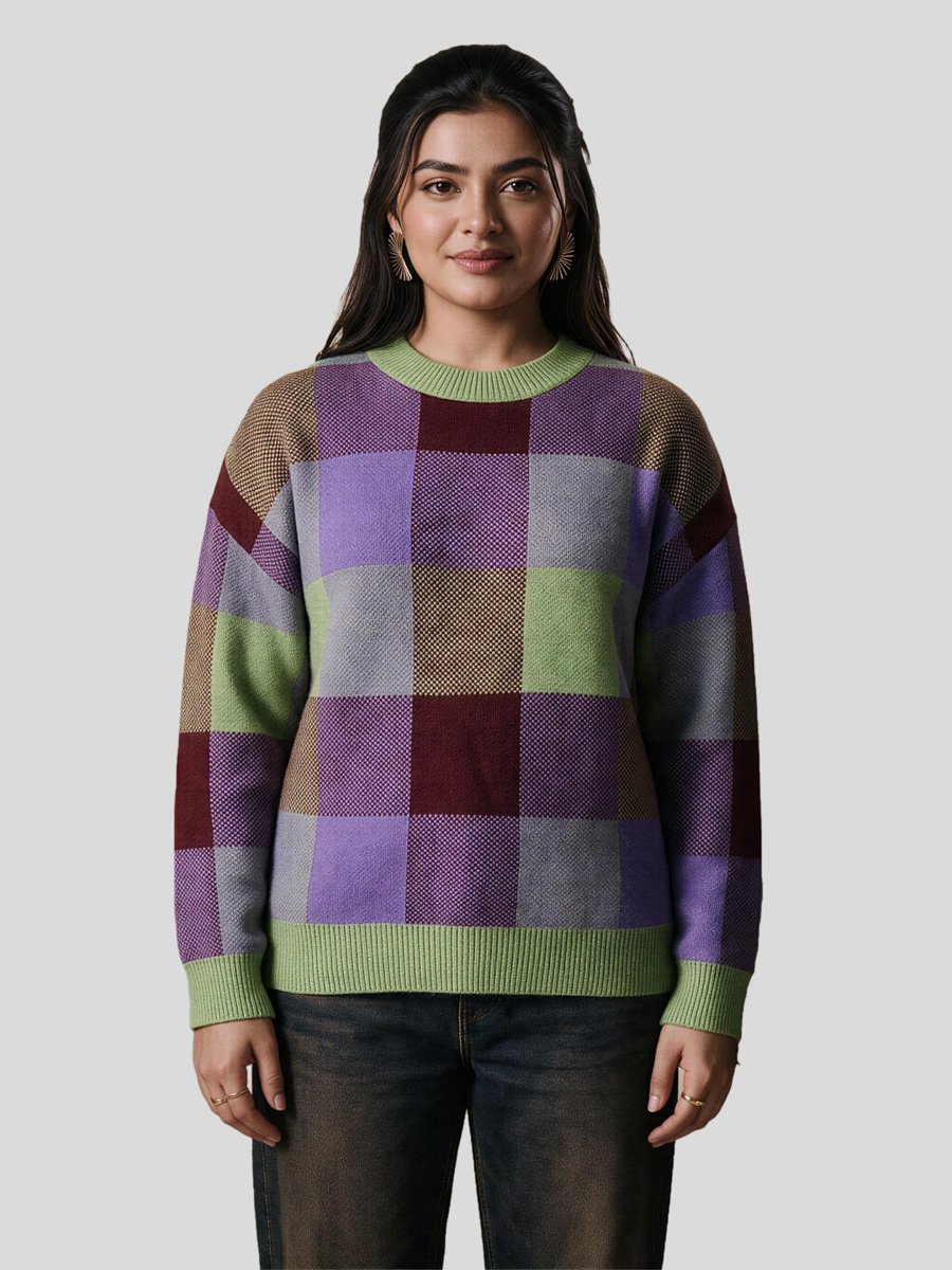 Plus Checked Knit Round Neck Jumper
