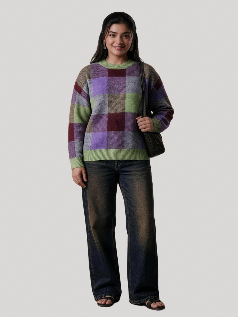Plus Checked Knit Round Neck Jumper