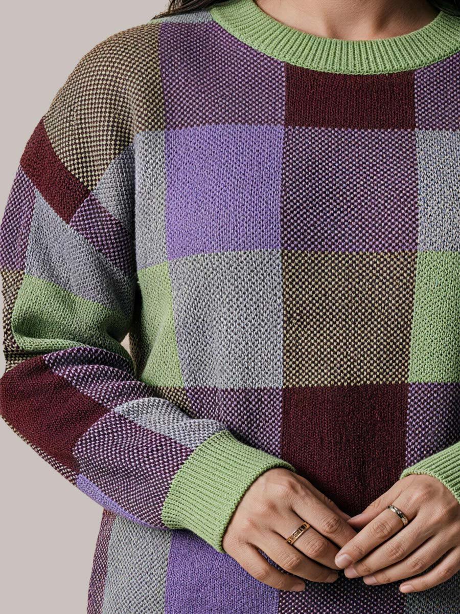 Plus Checked Knit Round Neck Jumper