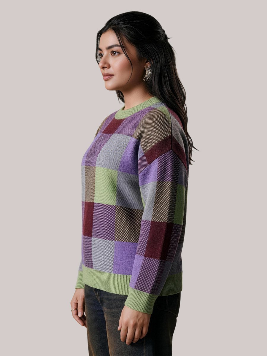 Plus Checked Knit Round Neck Jumper