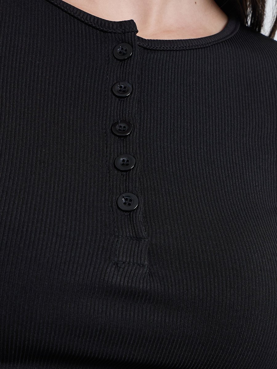 Black Ribbed Henley Long Sleeve T-Shirt