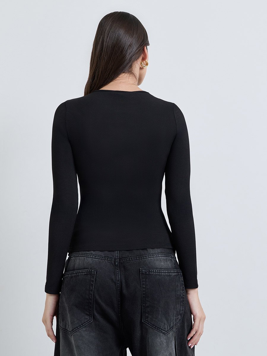 Black Ribbed Henley Long Sleeve T-Shirt