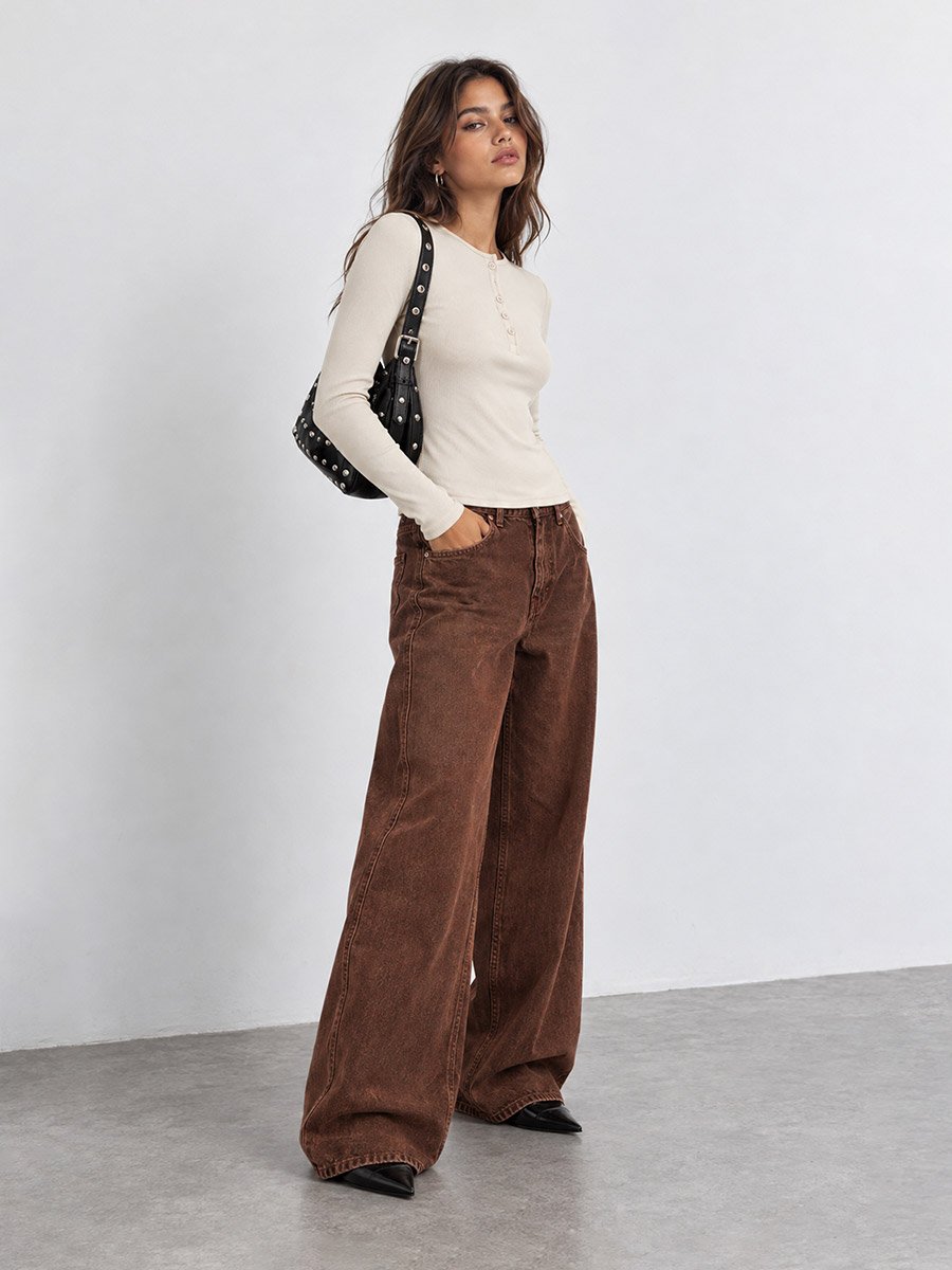 Beige Ribbed Henley Long Sleeve T-Shirt
