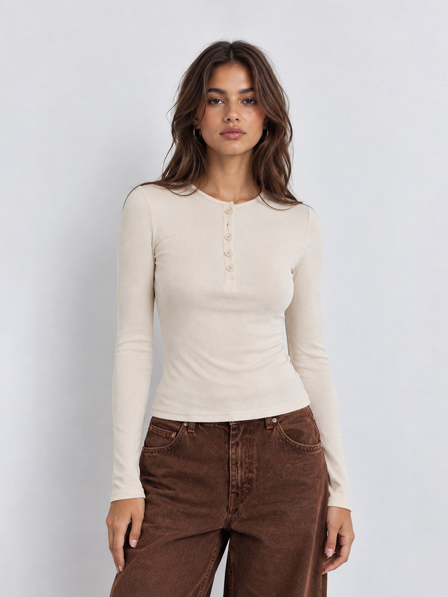 Beige Ribbed Henley Long Sleeve T-Shirt