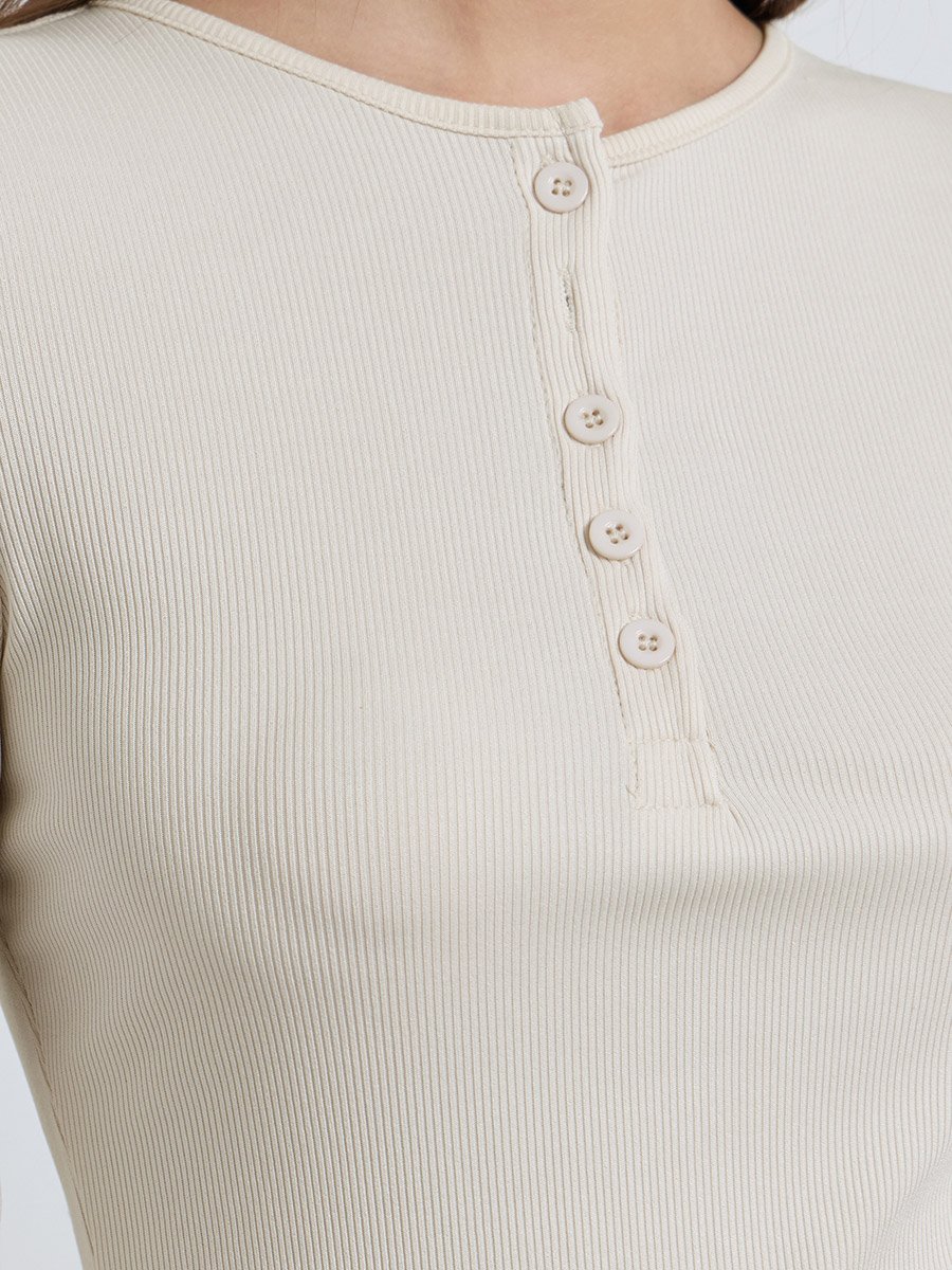 Beige Ribbed Henley Long Sleeve T-Shirt