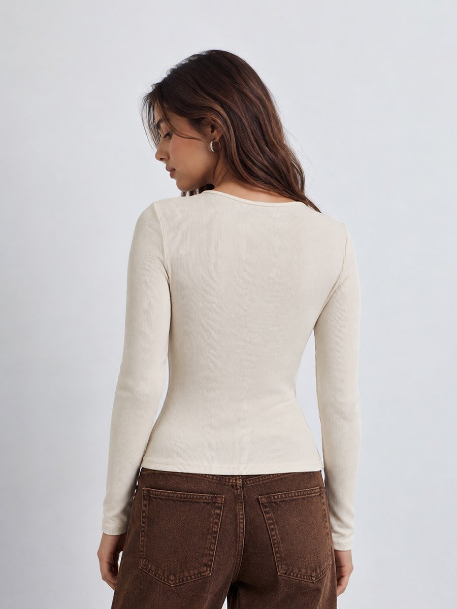 Beige Ribbed Henley Long Sleeve T-Shirt