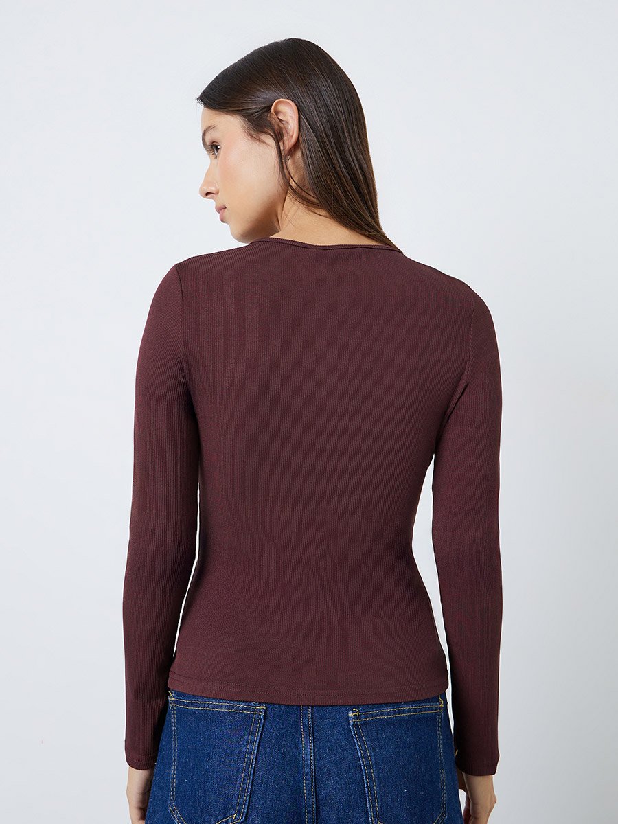 Brown Ribbed Henley Long Sleeve T-Shirt