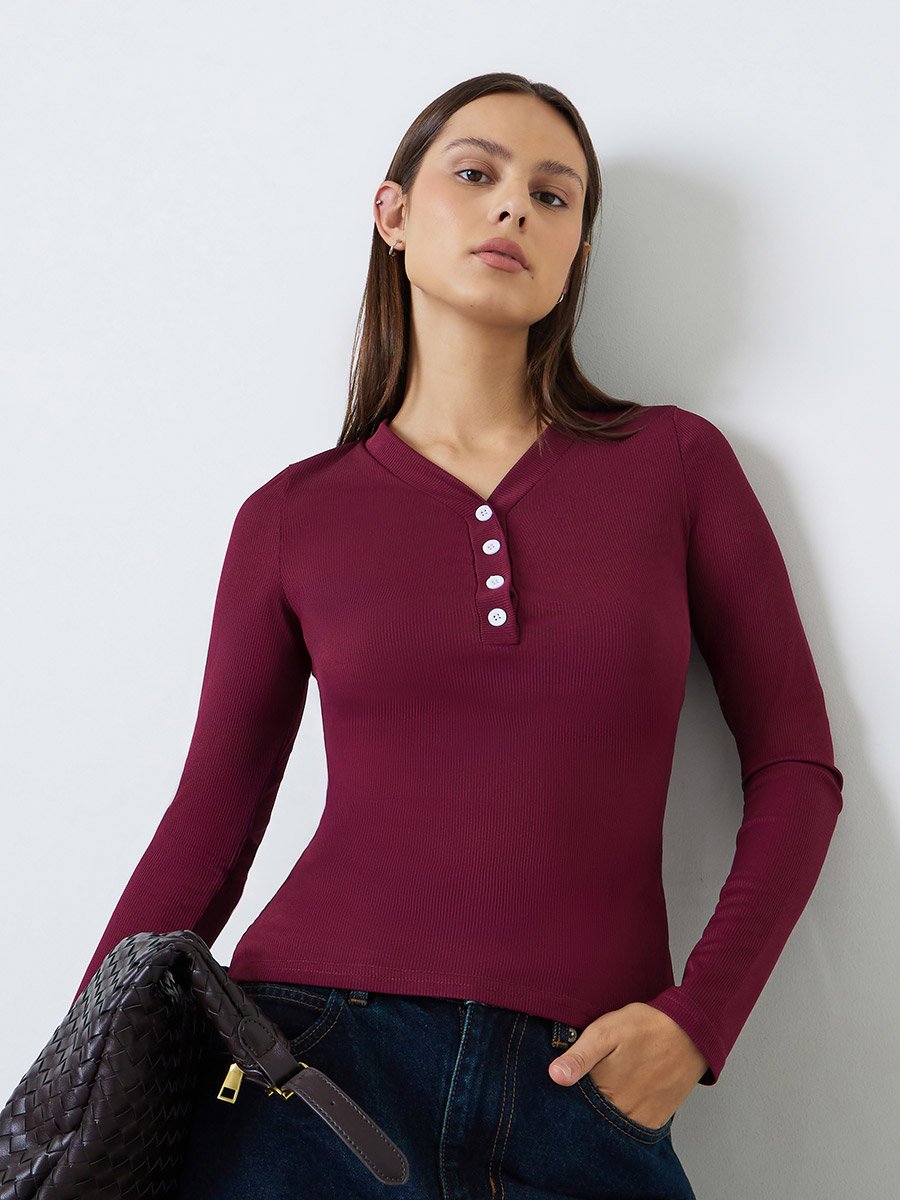Burgundy Ribbed Henley V Neck T-Shirt