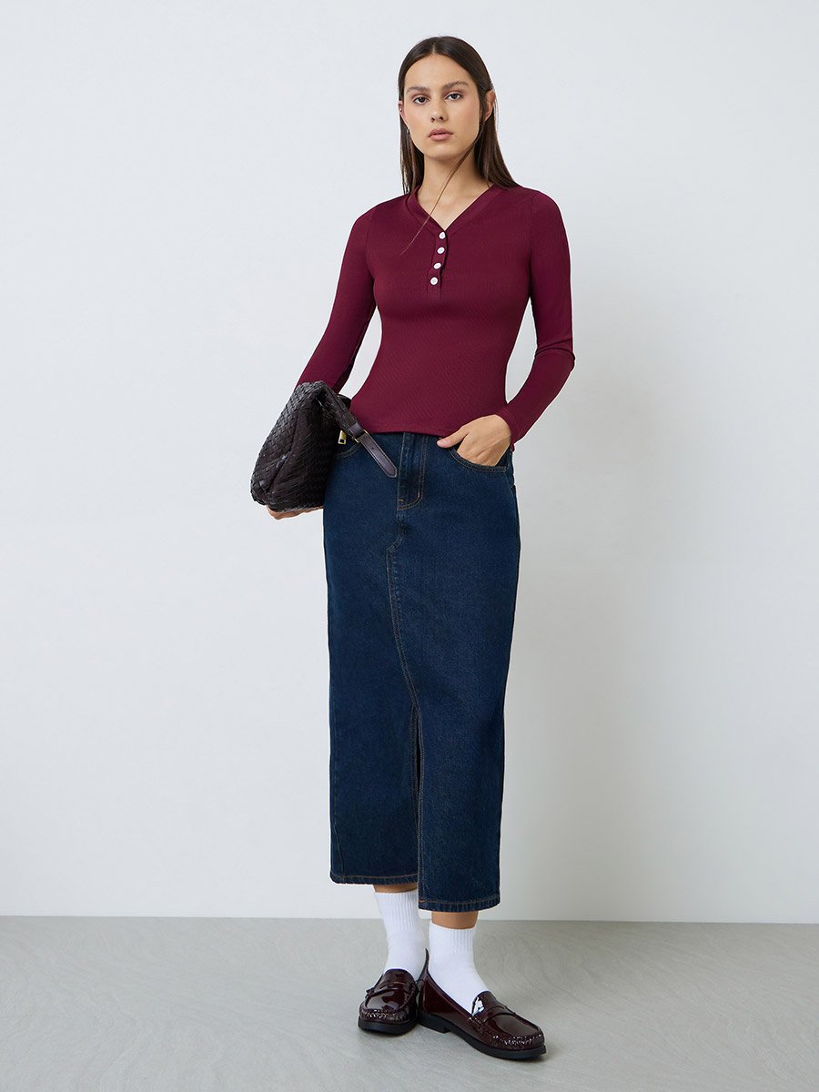Burgundy Ribbed Henley V Neck T-Shirt
