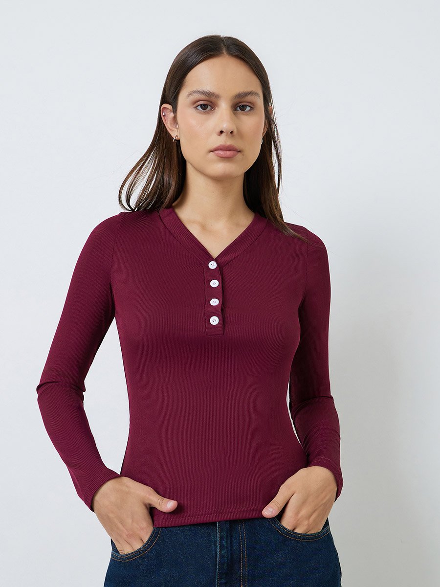 Burgundy Ribbed Henley V Neck T-Shirt